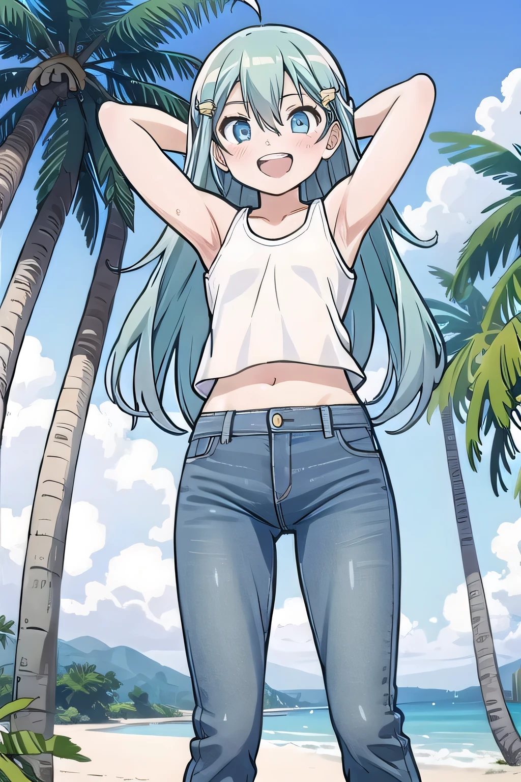 masterpiece,best quality,ultra detail, ((Perfect Face, Perfect Arms, Perfect hands, Perfect Fingers)), 1girl, , peti ((round face, ecstasy, orgasm face, drooping eyes, shame smiling, blush)), dropping eyes, sleepy, Open mouth, ((White teeth)), background((under the beach, (day:1.2), palm tree, bright sky)), miku hatsune, ahoge, aqua eyes, aqua hair, crossed bangs, hair between eyes, hair ornament, (long hair:1.4), ((arms behind head, hands behind head, fingers behind head)), ((contrapposto)), spread armpits, looking at viewer,, (white tank top:1.2), (white crop top:1.2), (jeans pants:1.2, flares jeans:1.2, skinny jeans:1.2, blue jeans:1.2), standing, (legs spread:1.4), sex pose, Sweaty crotch, Steam from the crotch, from below, whole body