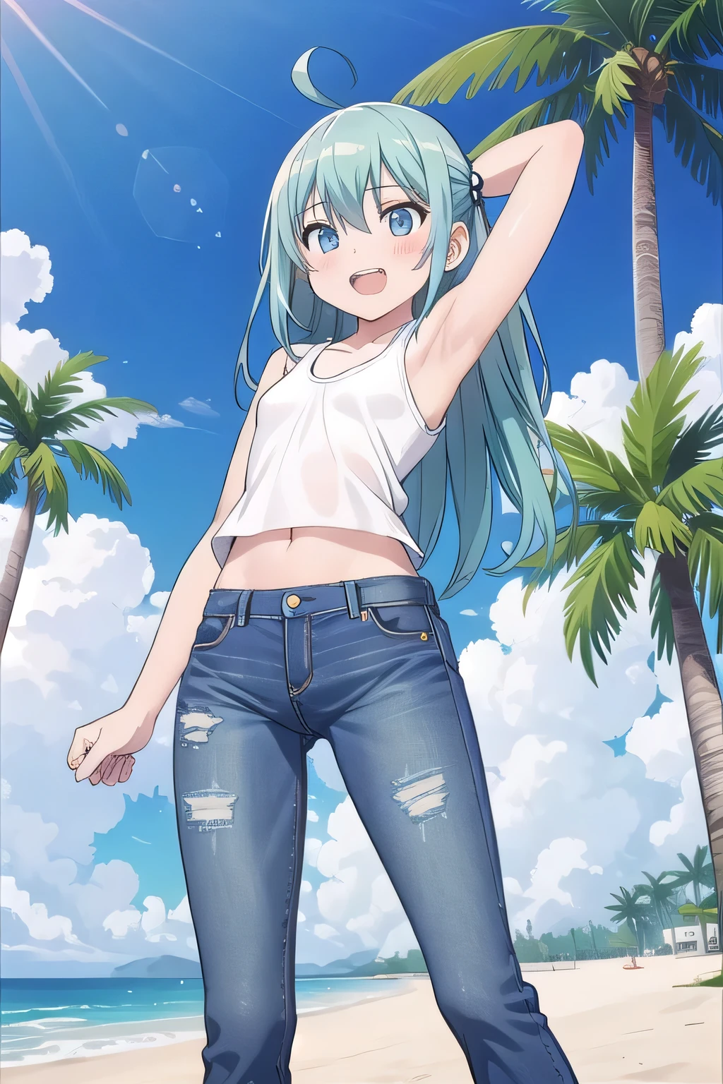 masterpiece,best quality,ultra detail, ((Perfect Face, Perfect Arms, Perfect hands, Perfect Fingers)), 1girl, , peti ((round face, ecstasy, orgasm face, drooping eyes, shame smiling, blush)), dropping eyes, sleepy, Open mouth, ((White teeth)), background((under the beach, (day:1.2), palm tree, bright sky)), miku hatsune, ahoge, aqua eyes, aqua hair, crossed bangs, hair between eyes, hair ornament, (long hair:1.4), ((arms behind head, hands behind head, fingers behind head)), ((contrapposto)), spread armpits, looking at viewer,, (white tank top:1.2), (white crop top:1.2), (jeans pants:1.2, flares jeans:1.2, skinny jeans:1.2, blue jeans:1.2), standing, (legs spread:1.4), sex pose, Sweaty crotch, Steam from the crotch, from below, whole body