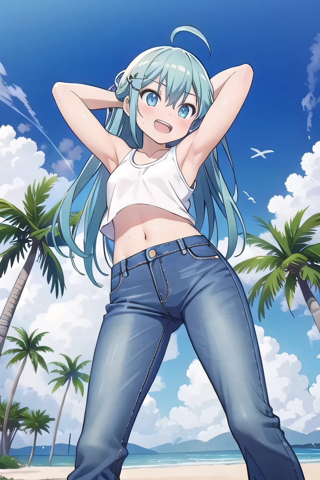 masterpiece,best quality,ultra detail, ((Perfect Face, Perfect Arms, Perfect hands, Perfect Fingers)), 1girl, , peti ((round face, ecstasy, orgasm face, drooping eyes, shame smiling, blush)), dropping eyes, sleepy, Open mouth, ((White teeth)), background((under the beach, (day:1.2), palm tree, bright sky)), miku hatsune, ahoge, aqua eyes, aqua hair, crossed bangs, hair between eyes, hair ornament, (long hair:1.4), ((arms behind head, hands behind head, fingers behind head)), ((contrapposto)), spread armpits, looking at viewer,, (white tank top:1.2), (white crop top:1.2), (jeans pants:1.2, flares jeans:1.2, skinny jeans:1.2, blue jeans:1.2), standing, (legs spread:1.4), sex pose, Sweaty crotch, Steam from the crotch, from below, whole body