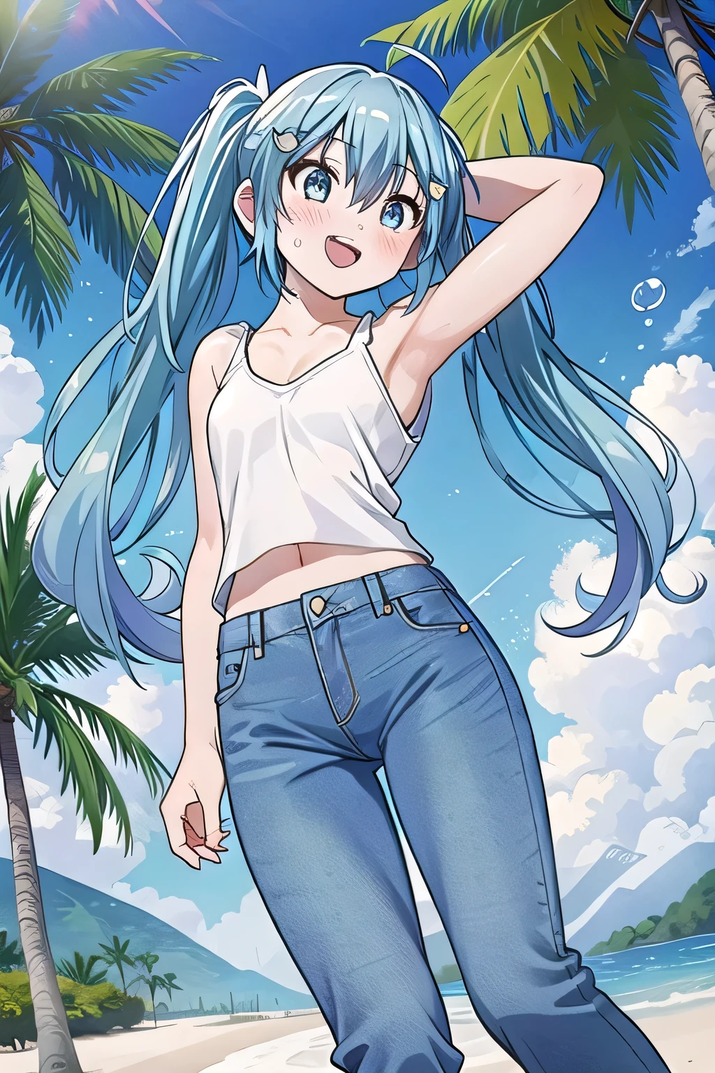 masterpiece,best quality,ultra detail, ((Perfect Face, Perfect Arms, Perfect hands, Perfect Fingers)), 1girl, , peti ((round face, ecstasy, orgasm face, drooping eyes, shame smiling, blush)), dropping eyes, sleepy, Open mouth, ((White teeth)), background((under the beach, (day:1.2), palm tree, bright sky)), miku hatsune, ahoge, aqua eyes, aqua hair, crossed bangs, hair between eyes, hair ornament, (long hair:1.4), ((arms behind head, hands behind head, fingers behind head)), ((contrapposto)), spread armpits, looking at viewer,, (white tank top:1.2), (white crop top:1.2), (jeans pants:1.2, flares jeans:1.2, skinny jeans:1.2, blue jeans:1.2), standing, (legs spread:1.4), sex pose, Sweaty crotch, Steam from the crotch, from below, whole body