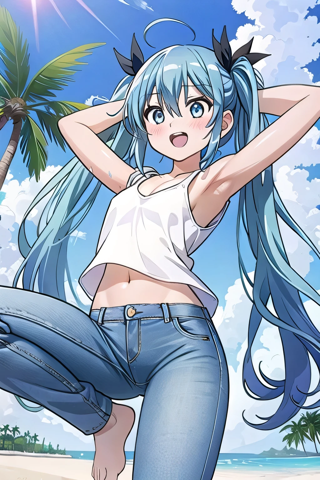 masterpiece,best quality,ultra detail, ((Perfect Face, Perfect Arms, Perfect hands, Perfect Fingers)), 1girl, , peti ((round face, ecstasy, orgasm face, drooping eyes, shame smiling, blush)), dropping eyes, sleepy, Open mouth, ((White teeth)), background((under the beach, (day:1.2), palm tree, bright sky)), miku hatsune, ahoge, aqua eyes, aqua hair, crossed bangs, hair between eyes, hair ornament, (long hair:1.4), ((arms behind head, hands behind head, fingers behind head)), ((contrapposto)), spread armpits, looking at viewer,, (white tank top:1.2), (white crop top:1.2), (jeans pants:1.2, flares jeans:1.2, skinny jeans:1.2, blue jeans:1.2), standing, (legs spread:1.4), sex pose, Sweaty crotch, Steam from the crotch, from below, whole body
