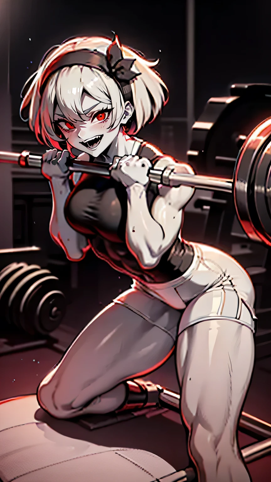 Sexy anime girl (toned body, muscular female, athletic body, wide hips, narrow waist, thight Gap, perky breasts, shredded ABS:1.2). (Weight lifting a barbell behind Head over shoulders:1.7) (From below, pov, standing over viewer:1.6) Sweaty, sweating, sweaty, heavy breathing, tired, powerful, excited, energetic, strenght, sexy female, . At gym. ((Undersized outfit, micro shorts, cameltoe, underboobs, sideboobs , skindenting)). (Leaning forward, bending over:1.5) (Gesugao, maníac, theeth, fang:1.0) (thick thighs:1.2) ((barbell squating:1.7)), looking at viewer, stepping over viewer. ((Chromatic aberation, black and white, only eyes colored red, shinny glowing red eyes, greyscale, motion BLUr, impact effeft, powerful aura)). ((Anime artstyle, gesugao artdyle, 2d, monochfome,:1.4) ((zoomed out, Full body view, fisheye câmera)) (saitou Bea pokémon, white bob hair, bandana, white outfit, bandagem on wrists, thick thighs:1.5) ((open spread legs)) ((angry, showing theeth, huge smile. Focus on face))