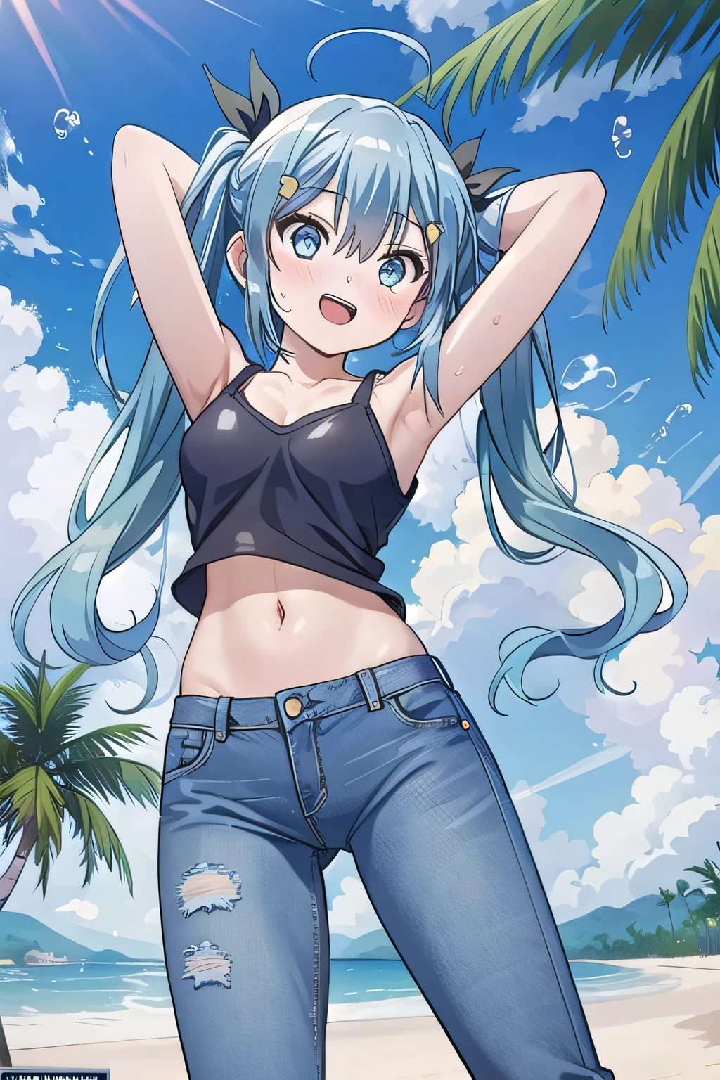 masterpiece,best quality,ultra detail, ((Perfect Face, Perfect Arms, Perfect hands, Perfect Fingers)), 1girl, , peti ((round face, ecstasy, orgasm face, drooping eyes, shame smiling, blush)), dropping eyes, sleepy, Open mouth, ((White teeth)), background((under the beach, (day:1.2), palm tree, bright sky)), miku hatsune, ahoge, aqua eyes, aqua hair, crossed bangs, hair between eyes, hair ornament, (long hair:1.4), ((arms behind head, hands behind head, fingers behind head)), ((contrapposto)), spread armpits, looking at viewer,, (white tank top:1.2), (white crop top:1.2), (jeans pants:1.2, flares jeans:1.2, skinny jeans:1.2, blue jeans:1.2), standing, (legs spread:1.4), sex pose, Sweaty crotch, Steam from the crotch, from below, whole body