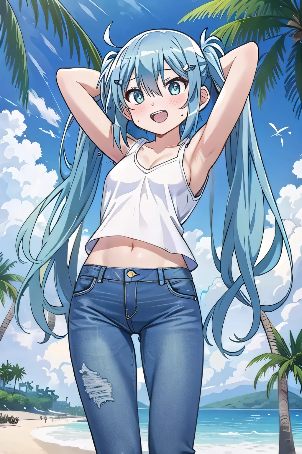 masterpiece,best quality,ultra detail, ((Perfect Face, Perfect Arms, Perfect hands, Perfect Fingers)), 1girl, , peti ((round face, ecstasy, orgasm face, drooping eyes, shame smiling, blush)), dropping eyes, sleepy, Open mouth, ((White teeth)), background((under the beach, (day:1.2), palm tree, bright sky)), miku hatsune, ahoge, aqua eyes, aqua hair, crossed bangs, hair between eyes, hair ornament, (long hair:1.4), ((arms behind head, hands behind head, fingers behind head)), ((contrapposto)), spread armpits, looking at viewer,, (white tank top:1.2), (white crop top:1.2), (jeans pants:1.2, flares jeans:1.2, skinny jeans:1.2, blue jeans:1.2), standing, (legs spread:1.4), sex pose, Sweaty crotch, Steam from the crotch, from below, whole body