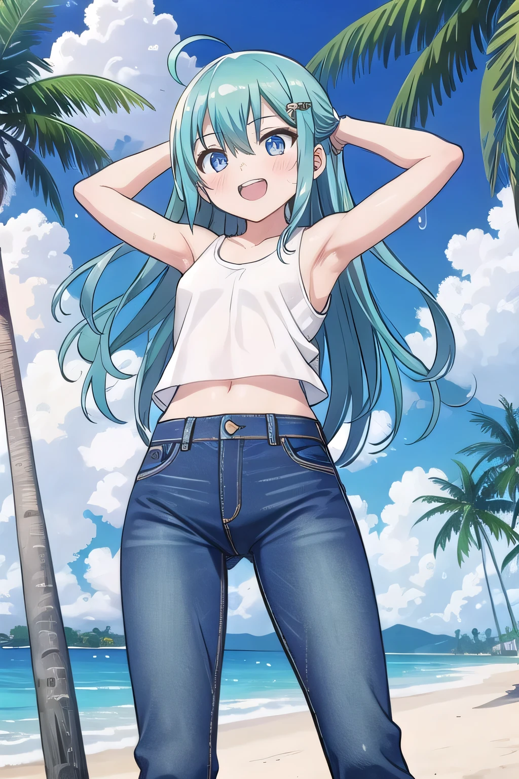 masterpiece,best quality,ultra detail, ((Perfect Face, Perfect Arms, Perfect hands, Perfect Fingers)), 1girl, , peti ((round face, ecstasy, orgasm face, drooping eyes, shame smiling, blush)), dropping eyes, sleepy, Open mouth, ((White teeth)), background((under the beach, (day:1.2), palm tree, bright sky)), miku hatsune, ahoge, aqua eyes, aqua hair, crossed bangs, hair between eyes, hair ornament, (long hair:1.4), ((arms behind head, hands behind head, fingers behind head)), ((contrapposto)), spread armpits, looking at viewer,, (white tank top:1.2), (white crop top:1.2), (jeans pants:1.2, flares jeans:1.2, skinny jeans:1.2, blue jeans:1.2), standing, (legs spread:1.4), sex pose, Sweaty crotch, Steam from the crotch, from below, whole body