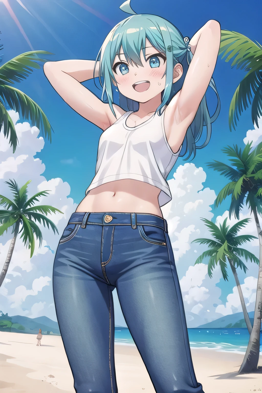 masterpiece,best quality,ultra detail, ((Perfect Face, Perfect Arms, Perfect hands, Perfect Fingers)), 1girl, , peti ((round face, ecstasy, orgasm face, drooping eyes, shame smiling, blush)), dropping eyes, sleepy, Open mouth, ((White teeth)), background((under the beach, (day:1.2), palm tree, bright sky)), miku hatsune, ahoge, aqua eyes, aqua hair, crossed bangs, hair between eyes, hair ornament, (long hair:1.4), ((arms behind head, hands behind head, fingers behind head)), ((contrapposto)), spread armpits, looking at viewer,, (white tank top:1.2), (white crop top:1.2), (jeans pants:1.2, flares jeans:1.2, skinny jeans:1.2, blue jeans:1.2), standing, (legs spread:1.4), sex pose, Sweaty crotch, Steam from the crotch, from below, whole body