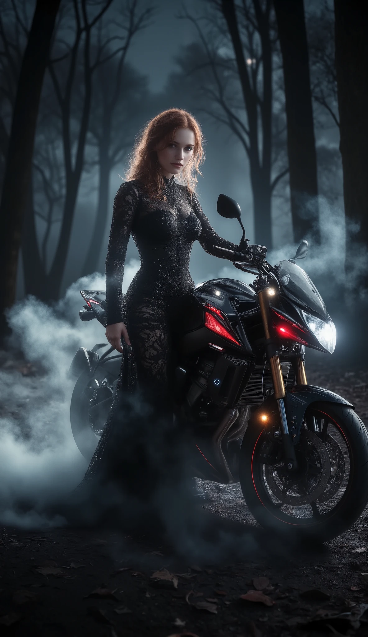 (best quality, 128k,highres,masterpiece:1.2),ultra-detailed,(realistic,photorealistic,photo-realistic:1.37), ((masterpiece)) ((photography)) ((Highest quality)) A mysterious redhead woman, in her mid-fourties, stands elegantly beside a sleek, dark motorcycle in a foggy, moonlit forest. Her attire is a striking black lace gown, intricately designed with a flowing silhouette that contrasts against the metallic sheen of the motorcycle. The gown's lace details shimmer faintly under the moonlight, adding an ethereal touch to her appearance. Her pose is confident yet enigmatic, one hand resting on the motorcycle, the other slightly raised as if guiding the wisps of fog that swirl around her. Her facial expression is serene yet intense, with piercing eyes that seem to hold a deep, untold story. The forest around her is shrouded in a thick, ghostly fog, with the moonlight casting dramatic, shadowy patterns on the ground. Glowing red and silver accents adorn the motorcycle, creating a striking contrast against the dark, midnight hues of the forest. The atmosphere is charged with a sense of mystery and intrigue, enhanced by the interplay of light and shadow. The scene captures a moment of stillness, yet it vibrates with an undercurrent of energy and allure, evoking a dreamlike, otherworldly ambiance.