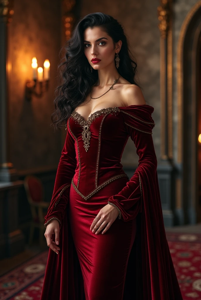 Masterpiece, Yennefer of Vengerberg, intricately detailed background, (UHD, 8K wallpaper, High resolution), Cinematic lighting, award-winning, extremely detailed skin, extra detailed face, high detail eyes, silky (crimson) outfit, photo-realistic, Zeiss 85 mm F/1.4, by Ellen von Unwerth