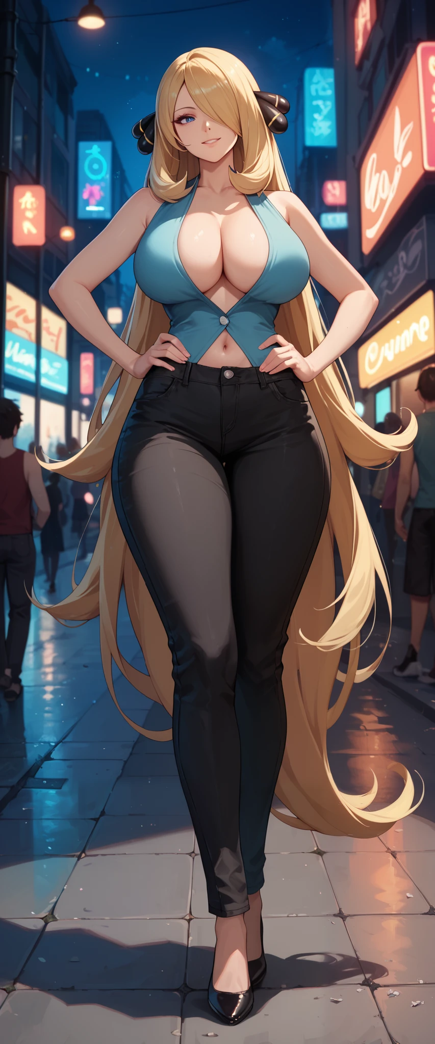 1 girl, solo, cynthia (pokemon), blue eyes, blonde hair, very long hair, hair over one eye, hair ornament, huge breasts, thick thighs, smile, full body shot, outdoors, city street, ((night)), neon lights, front view, cyan shirt, black pants, wide pants, standing, hands on hip, thighgap, navel, plunging neckline, sleeveless, half unbuttoned shirt,