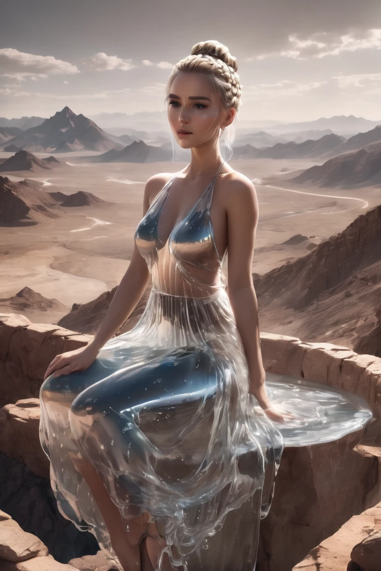 breathtaking beautiful woman wearing a (water dress) Arching in New Vegas, Crane Shot, from above, [full body],
worried,
Braided Bun,
Ash Blonde hair, . award-winning, professional, highly detailed, huge 