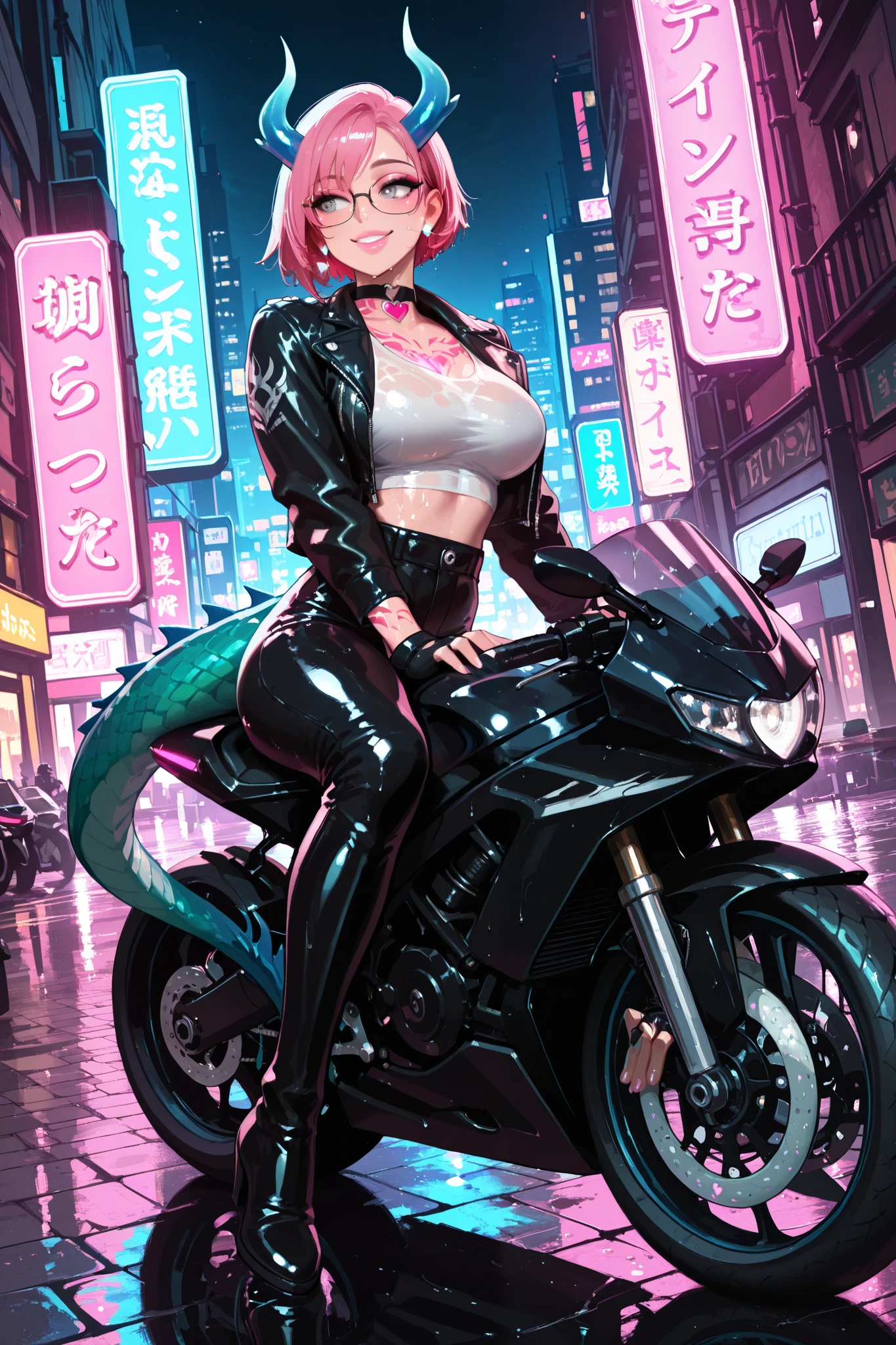 Smooth Quality, dynamic lighting, dynamic pose, dynamic angle, detailed background, 1girl, green skin, dragon scale skin, short hair, pink hair, short haircut, slutty makeup, earrings, blue horns, dragon tail, large breasts, grey eyes, pink lips, glossy lips, puffy lips, heart-shaped choker, chest and neck tattoos, happy smile, seductive smile, glasses, smart look, biker outfit: black leather jacket with open zipper, white crop top, black leather pants, thigh-high boots, fingerless gloves, helmet tucked under one arm, sitting on a sleek black motorcycle, glowing tattoos, dragon tail wrapped around the bike, playful expression, urban night scene, neon lights, city skyline in the background, wet pavement reflecting lights, dynamic lighting from streetlights and neon signs, edgy and confident vibe