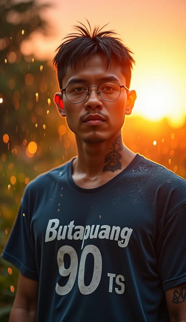 turn him into an indonesian javanese young highschool boy, make him hot and handsome, hairy armpits, make his abs sixpack, sweating, still using glasses, make a sexy face, shirtless, bulge, sweating wet