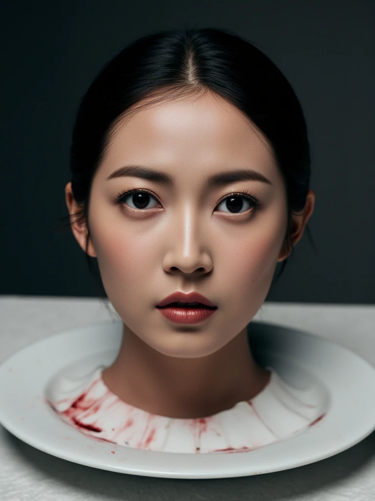   place the head of a decapitated woman , Asia,  Less blood stains   , ((  with eyes closed )),   like a dish on a plate  , Bloody,  actual , 4K, Nikon, fear