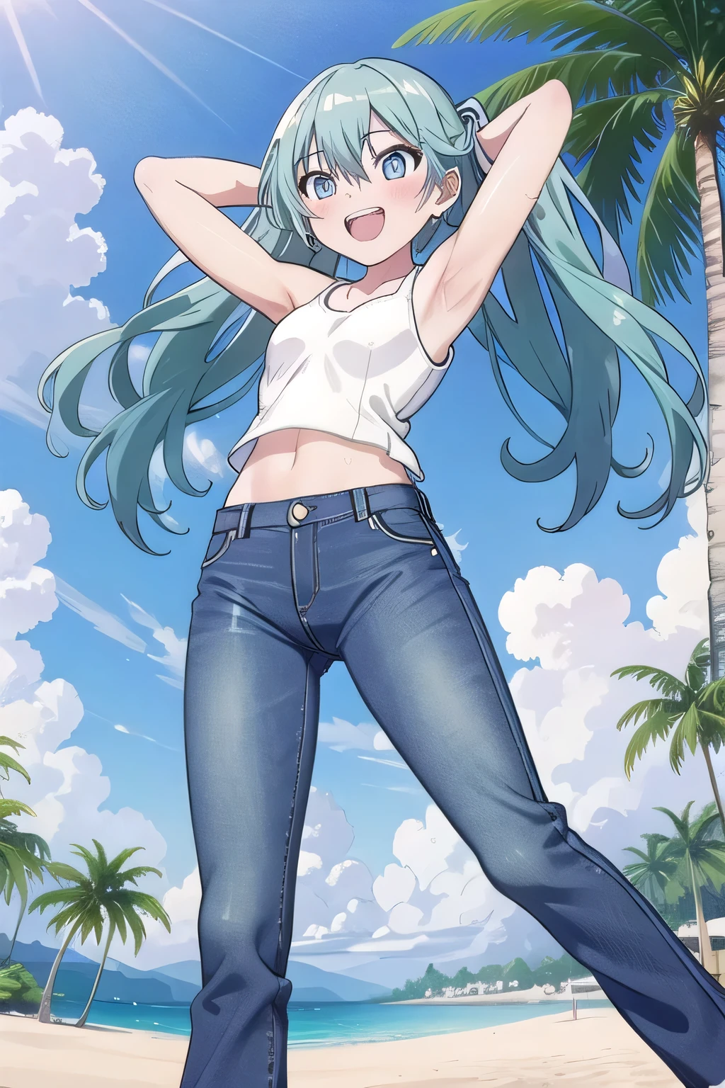 masterpiece,best quality,ultra detail, ((Perfect Face, Perfect Arms, Perfect hands, Perfect Fingers)), 1girl, , peti ((round face, ecstasy, orgasm face, drooping eyes, shame smiling, blush)), dropping eyes, sleepy, Open mouth, ((White teeth)), background((under the beach, (day:1.2), palm tree, bright sky)), miku hatsune, ahoge, aqua eyes, aqua hair, crossed bangs, hair between eyes, hair ornament, (long hair:1.4), ((arms behind head, hands behind head, fingers behind head)), ((contrapposto)), spread armpits, looking at viewer,, (white tank top:1.2), (white crop top:1.2), (jeans pants:1.2, flares jeans:1.2, skinny jeans:1.2, blue jeans:1.2), standing, (legs spread:1.4), sex pose, Sweaty crotch, Steam from the crotch, from below, whole body