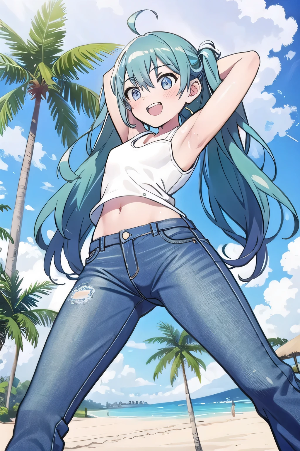 masterpiece,best quality,ultra detail, ((Perfect Face, Perfect Arms, Perfect hands, Perfect Fingers)), 1girl, , petite, ((round face, ecstasy, orgasm face, drooping eyes, shame smiling, blush)), dropping eyes, sleepy, Open mouth, ((White teeth)), background((under the beach, (day:1.2), palm tree, bright sky)), miku hatsune, ahoge, aqua eyes, aqua hair, crossed bangs, hair between eyes, hair ornament, (long hair:1.4), ((arms behind head, hands behind head, fingers behind head)), ((contrapposto)), spread armpits, looking at viewer,, (white tank top:1.2), (white crop top:1.2), (jeans pants:1.2, flares jeans:1.2, skinny jeans:1.2, blue jeans:1.2), standing, (legs spread:1.4), sex pose, Sweaty crotch, Steam from the crotch, from below, whole body