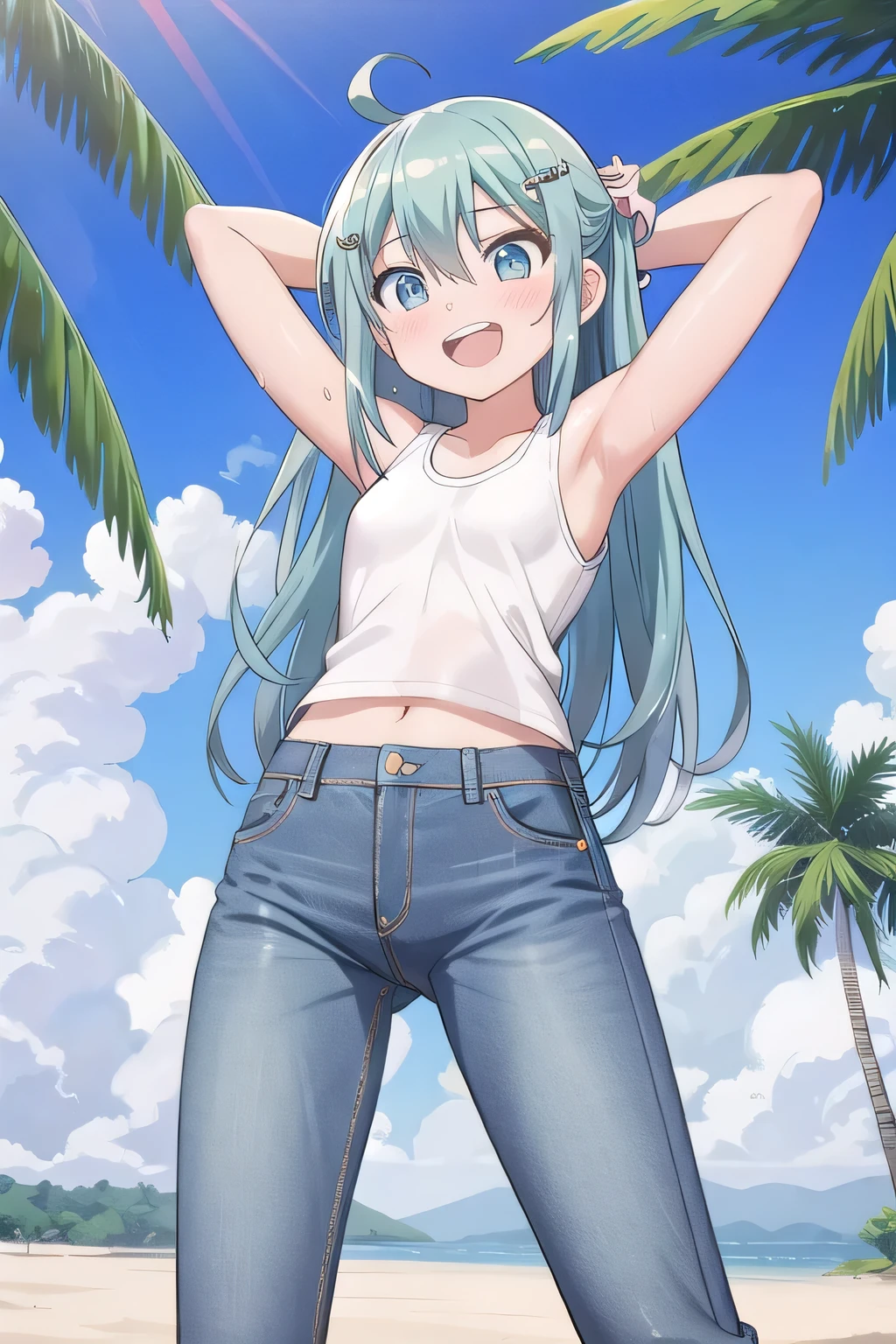 masterpiece,best quality,ultra detail, ((Perfect Face, Perfect Arms, Perfect hands, Perfect Fingers)), 1girl, , peti ((round face, ecstasy, orgasm face, drooping eyes, shame smiling, blush)), dropping eyes, sleepy, Open mouth, ((White teeth)), background((under the beach, (day:1.2), palm tree, bright sky)), miku hatsune, ahoge, aqua eyes, aqua hair, crossed bangs, hair between eyes, hair ornament, (long hair:1.4), ((arms behind head, hands behind head, fingers behind head)), ((contrapposto)), spread armpits, looking at viewer,, (white tank top:1.2), (white crop top:1.2), (jeans pants:1.2, flares jeans:1.2, skinny jeans:1.2, blue jeans:1.2), standing, (legs spread:1.4), sex pose, Sweaty crotch, Steam from the crotch, from below, whole body