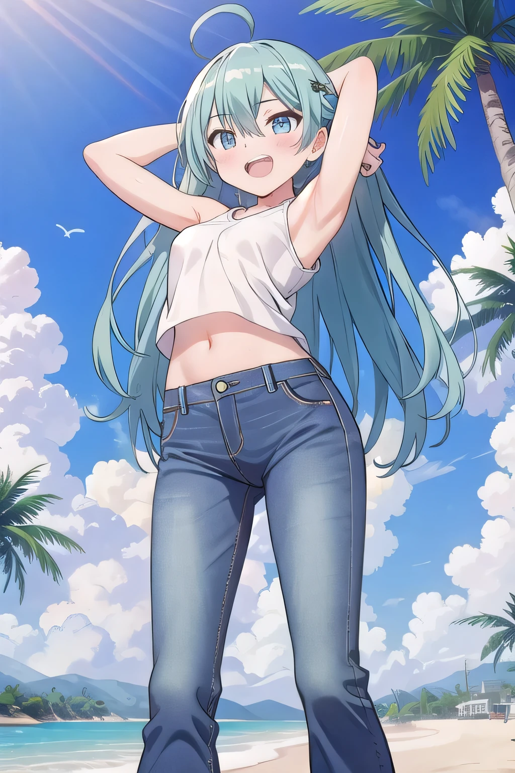 masterpiece,best quality,ultra detail, ((Perfect Face, Perfect Arms, Perfect hands, Perfect Fingers)), 1girl, , peti ((round face, ecstasy, orgasm face, drooping eyes, shame smiling, blush)), dropping eyes, sleepy, Open mouth, ((White teeth)), background((under the beach, (day:1.2), palm tree, bright sky)), miku hatsune, ahoge, aqua eyes, aqua hair, crossed bangs, hair between eyes, hair ornament, (long hair:1.4), ((arms behind head, hands behind head, fingers behind head)), ((contrapposto)), spread armpits, looking at viewer,, (white tank top:1.2), (white crop top:1.2), (jeans pants:1.2, flares jeans:1.2, skinny jeans:1.2, blue jeans:1.2), standing, (legs spread:1.4), sex pose, Sweaty crotch, Steam from the crotch, from below, whole body
