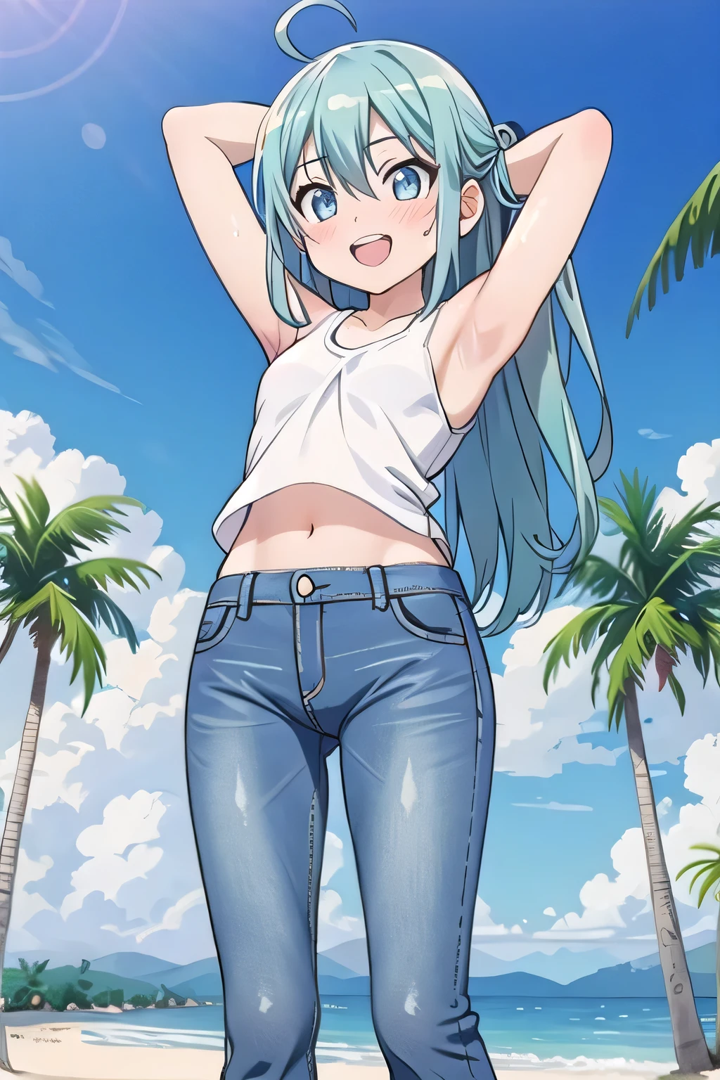 masterpiece,best quality,ultra detail, ((Perfect Face, Perfect Arms, Perfect hands, Perfect Fingers)), 1girl, , peti ((round face, ecstasy, orgasm face, drooping eyes, shame smiling, blush)), dropping eyes, sleepy, Open mouth, ((White teeth)), background((under the beach, (day:1.2), palm tree, bright sky)), miku hatsune, ahoge, aqua eyes, aqua hair, crossed bangs, hair between eyes, hair ornament, (long hair:1.4), ((arms behind head, hands behind head, fingers behind head)), ((contrapposto)), spread armpits, looking at viewer,, (white tank top:1.2), (white crop top:1.2), (jeans pants:1.2, flares jeans:1.2, skinny jeans:1.2, blue jeans:1.2), standing, (legs spread:1.4), sex pose, Sweaty crotch, Steam from the crotch, from below, whole body