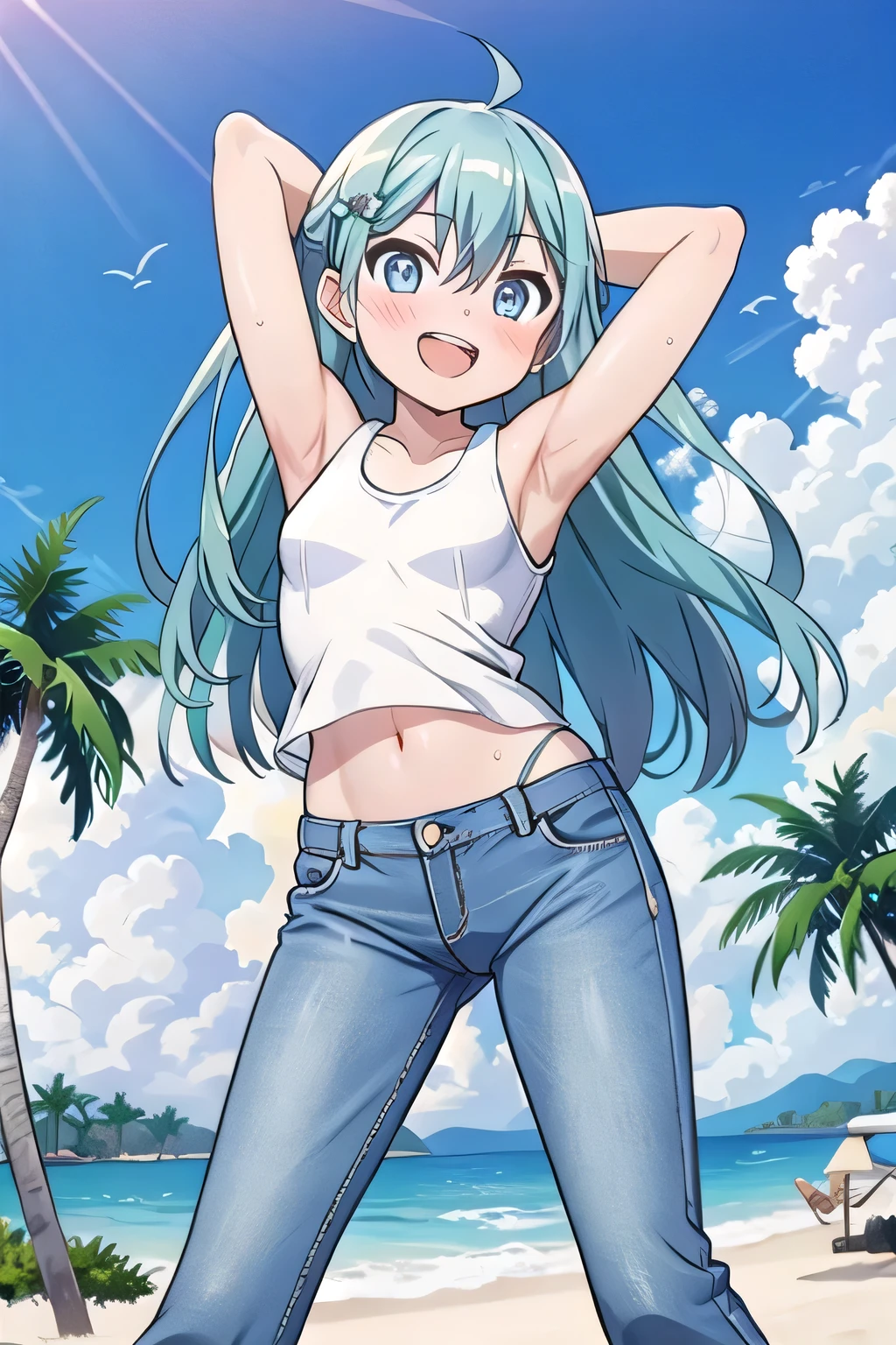 masterpiece,best quality,ultra detail, ((Perfect Face, Perfect Arms, Perfect hands, Perfect Fingers)), 1girl, , peti ((round face, ecstasy, orgasm face, drooping eyes, shame smiling, blush)), dropping eyes, sleepy, Open mouth, ((White teeth)), background((under the beach, (day:1.2), palm tree, bright sky)), miku hatsune, ahoge, aqua eyes, aqua hair, crossed bangs, hair between eyes, hair ornament, (long hair:1.4), ((arms behind head, hands behind head, fingers behind head)), ((contrapposto)), spread armpits, looking at viewer,, (white tank top:1.2), (white crop top:1.2), (jeans pants:1.2, flares jeans:1.2, skinny jeans:1.2, blue jeans:1.2), standing, (legs spread:1.4), sex pose, Sweaty crotch, Steam from the crotch, from below, whole body