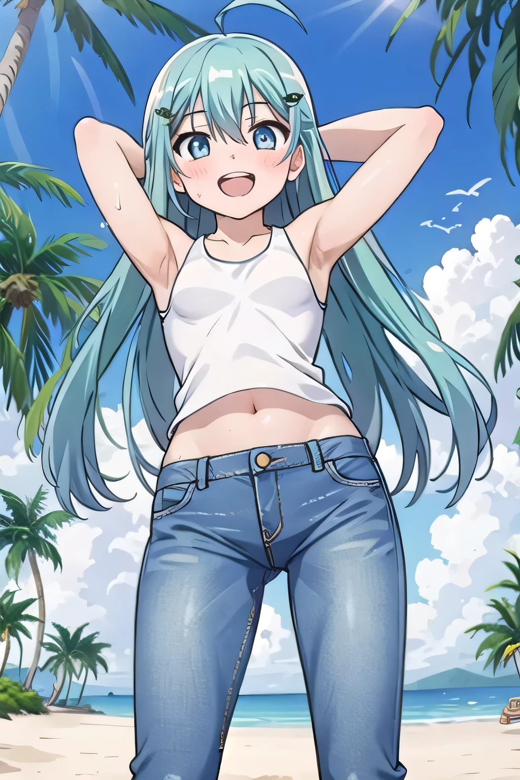masterpiece,best quality,ultra detail, ((Perfect Face, Perfect Arms, Perfect hands, Perfect Fingers)), 1girl, , peti ((round face, ecstasy, orgasm face, drooping eyes, shame smiling, blush)), dropping eyes, sleepy, Open mouth, ((White teeth)), background((under the beach, (day:1.2), palm tree, bright sky)), miku hatsune, ahoge, aqua eyes, aqua hair, crossed bangs, hair between eyes, hair ornament, (long hair:1.4), ((arms behind head, hands behind head, fingers behind head)), ((contrapposto)), spread armpits, looking at viewer,, (white tank top:1.2), (white crop top:1.2), (jeans pants:1.2, flares jeans:1.2, skinny jeans:1.2, blue jeans:1.2), standing, (legs spread:1.4), sex pose, Sweaty crotch, Steam from the crotch, from below, whole body