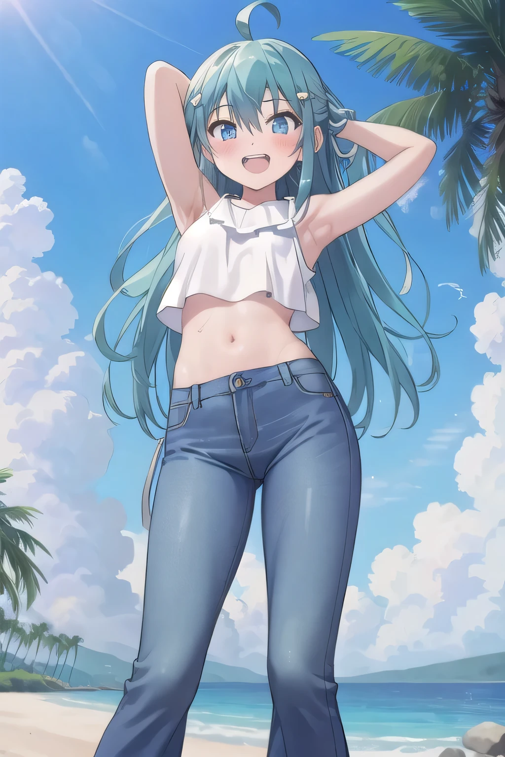 masterpiece,best quality,ultra detail, ((Perfect Face, Perfect Arms, Perfect hands, Perfect Fingers)), 1girl, , peti ((round face, ecstasy, orgasm face, drooping eyes, shame smiling, blush)), dropping eyes, sleepy, Open mouth, ((White teeth)), background((under the beach, (day:1.2), palm tree, bright sky)), miku hatsune, ahoge, aqua eyes, aqua hair, crossed bangs, hair between eyes, hair ornament, (long hair:1.4), ((arms behind head, hands behind head, fingers behind head)), ((contrapposto)), spread armpits, looking at viewer,, (white tank top:1.2), (white crop top:1.2), (jeans pants:1.2, flares jeans:1.2, skinny jeans:1.2, blue jeans:1.2), standing, (legs spread:1.4), sex pose, Sweaty crotch, Steam from the crotch, from below, whole body