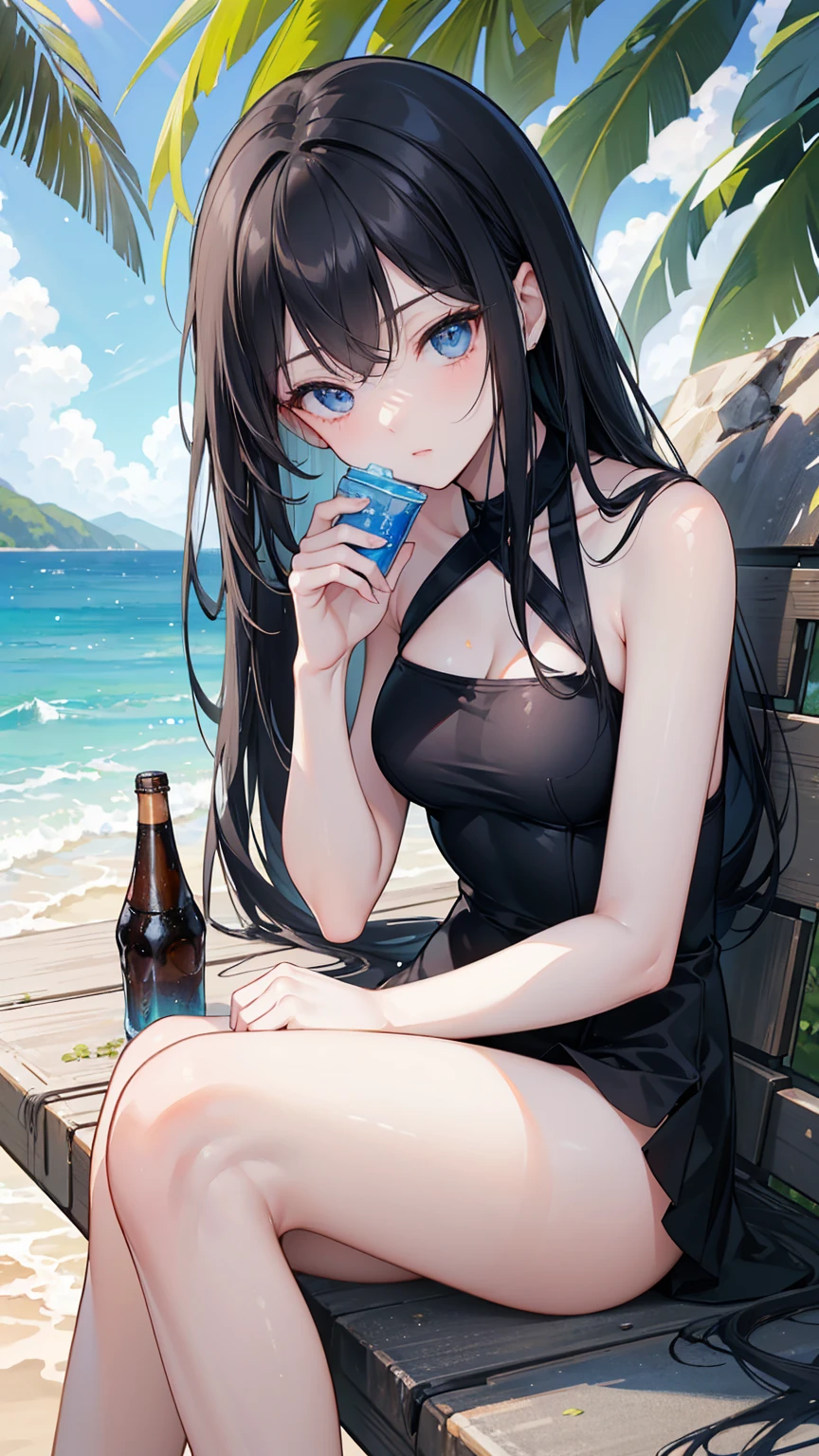 Anime girl in bikini drinking a drink on the beach, anime girl drinks energy drink, Smooth Anime CG Art, very detailed Artgerm, Seductive Anime Girl, [ 4 k digital art ]!!, artwork in the style of guweiz, 4k anime wallpaper, Wallpaper Anime Blue Water, guweiz on pixiv artstation