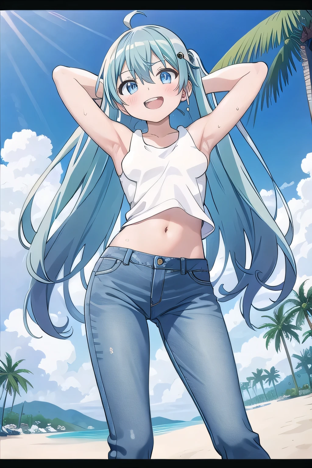 masterpiece,best quality,ultra detail, ((Perfect Face, Perfect Arms, Perfect hands, Perfect Fingers)), 1girl, , peti ((round face, ecstasy, orgasm face, drooping eyes, shame smiling, blush)), dropping eyes, sleepy, Open mouth, ((White teeth)), background((under the beach, (day:1.2), palm tree, bright sky)), miku hatsune, ahoge, aqua eyes, aqua hair, crossed bangs, hair between eyes, hair ornament, (long hair:1.4), ((arms behind head, hands behind head, fingers behind head)), ((contrapposto)), spread armpits, looking at viewer,, (white tank top:1.2), (white crop top:1.2), (jeans pants:1.2, flares jeans:1.2, skinny jeans:1.2, blue jeans:1.2), standing, (legs spread:1.4), sex pose, Sweaty crotch, Steam from the crotch, from below, whole body
