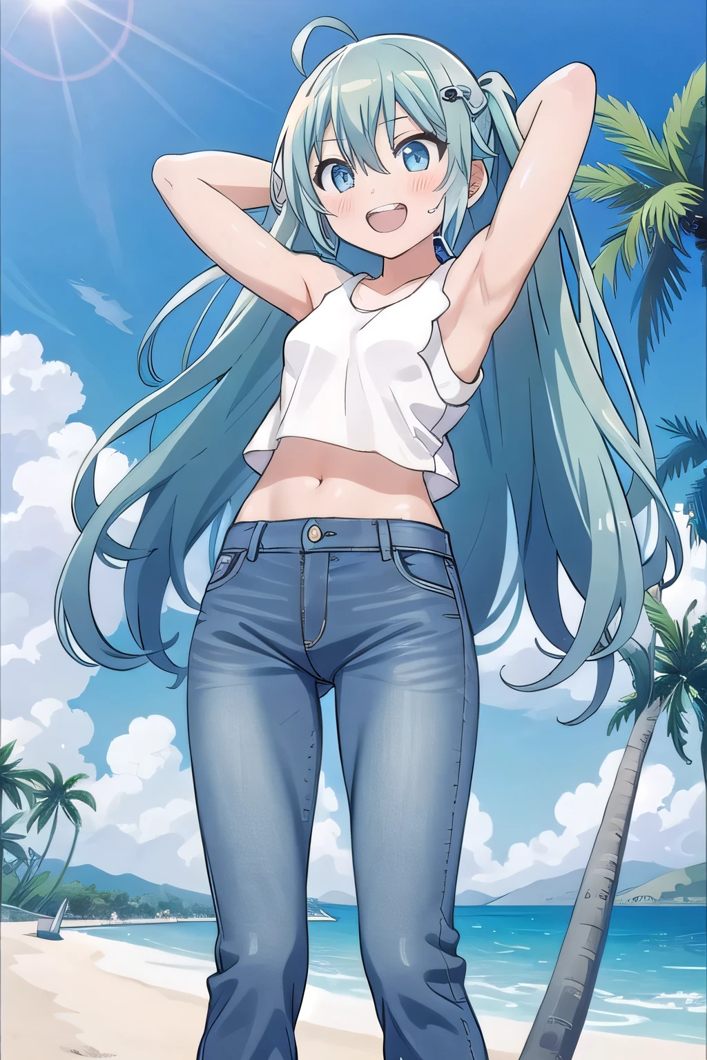masterpiece,best quality,ultra detail, ((Perfect Face, Perfect Arms, Perfect hands, Perfect Fingers)), 1girl, , peti ((round face, ecstasy, orgasm face, drooping eyes, shame smiling, blush)), dropping eyes, sleepy, Open mouth, ((White teeth)), background((under the beach, (day:1.2), palm tree, bright sky)), miku hatsune, ahoge, aqua eyes, aqua hair, crossed bangs, hair between eyes, hair ornament, (long hair:1.4), ((arms behind head, hands behind head, fingers behind head)), ((contrapposto)), spread armpits, looking at viewer,, (white tank top:1.2), (white crop top:1.2), (jeans pants:1.2, flares jeans:1.2, skinny jeans:1.2, blue jeans:1.2), standing, (legs spread:1.4), sex pose, Sweaty crotch, Steam from the crotch, from below, whole body