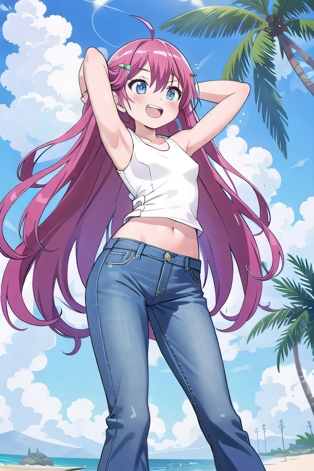 masterpiece,best quality,ultra detail, ((Perfect Face, Perfect Arms, Perfect hands, Perfect Fingers)), 1girl, , peti ((round face, ecstasy, orgasm face, drooping eyes, shame smiling, blush)), dropping eyes, sleepy, Open mouth, ((White teeth)), background((under the beach, (day:1.2), palm tree, bright sky)), miku hatsune, ahoge, aqua eyes, aqua hair, crossed bangs, hair between eyes, hair ornament, (long hair:1.4), ((arms behind head, hands behind head, fingers behind head)), ((contrapposto)), spread armpits, looking at viewer,, (white tank top:1.2), (white crop top:1.2), (jeans pants:1.2, flares jeans:1.2, skinny jeans:1.2, blue jeans:1.2), standing, (legs spread:1.4), sex pose, Sweaty crotch, Steam from the crotch, from below, whole body