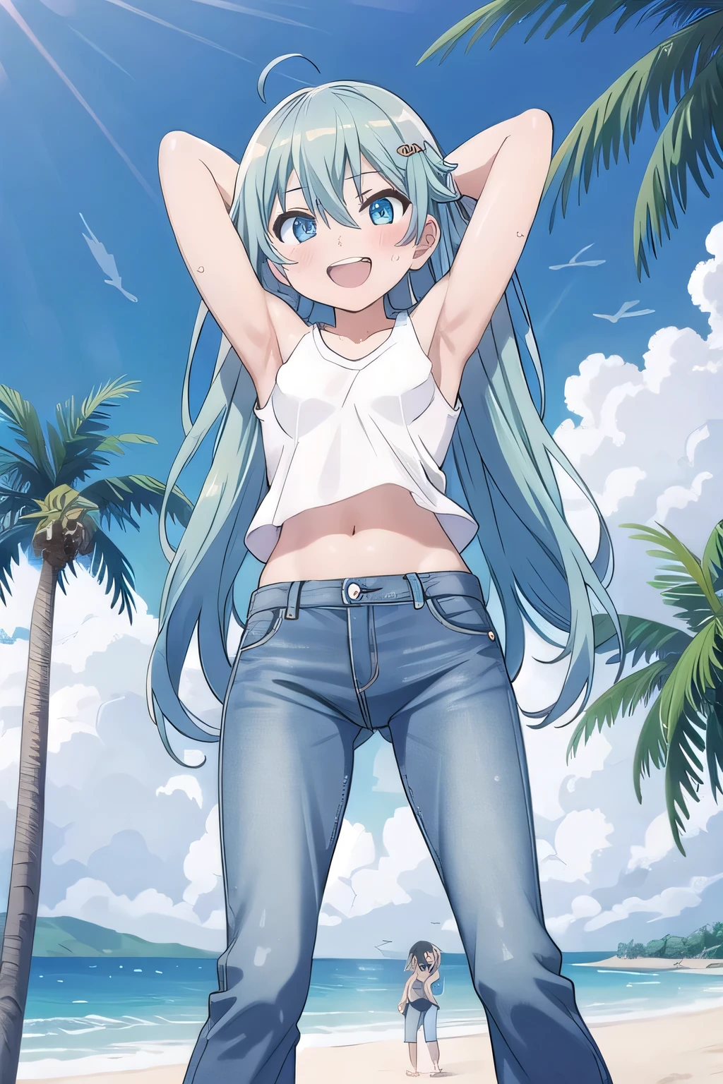 masterpiece,best quality,ultra detail, ((Perfect Face, Perfect Arms, Perfect hands, Perfect Fingers)), 1girl, , peti ((round face, ecstasy, orgasm face, drooping eyes, shame smiling, blush)), dropping eyes, sleepy, Open mouth, ((White teeth)), background((under the beach, (day:1.2), palm tree, bright sky)), miku hatsune, ahoge, aqua eyes, aqua hair, crossed bangs, hair between eyes, hair ornament, (long hair:1.4), ((arms behind head, hands behind head, fingers behind head)), ((contrapposto)), spread armpits, looking at viewer,, (white tank top:1.2), (white crop top:1.2), (jeans pants:1.2, flares jeans:1.2, skinny jeans:1.2, blue jeans:1.2), standing, (legs spread:1.4), sex pose, Sweaty crotch, Steam from the crotch, from below, whole body