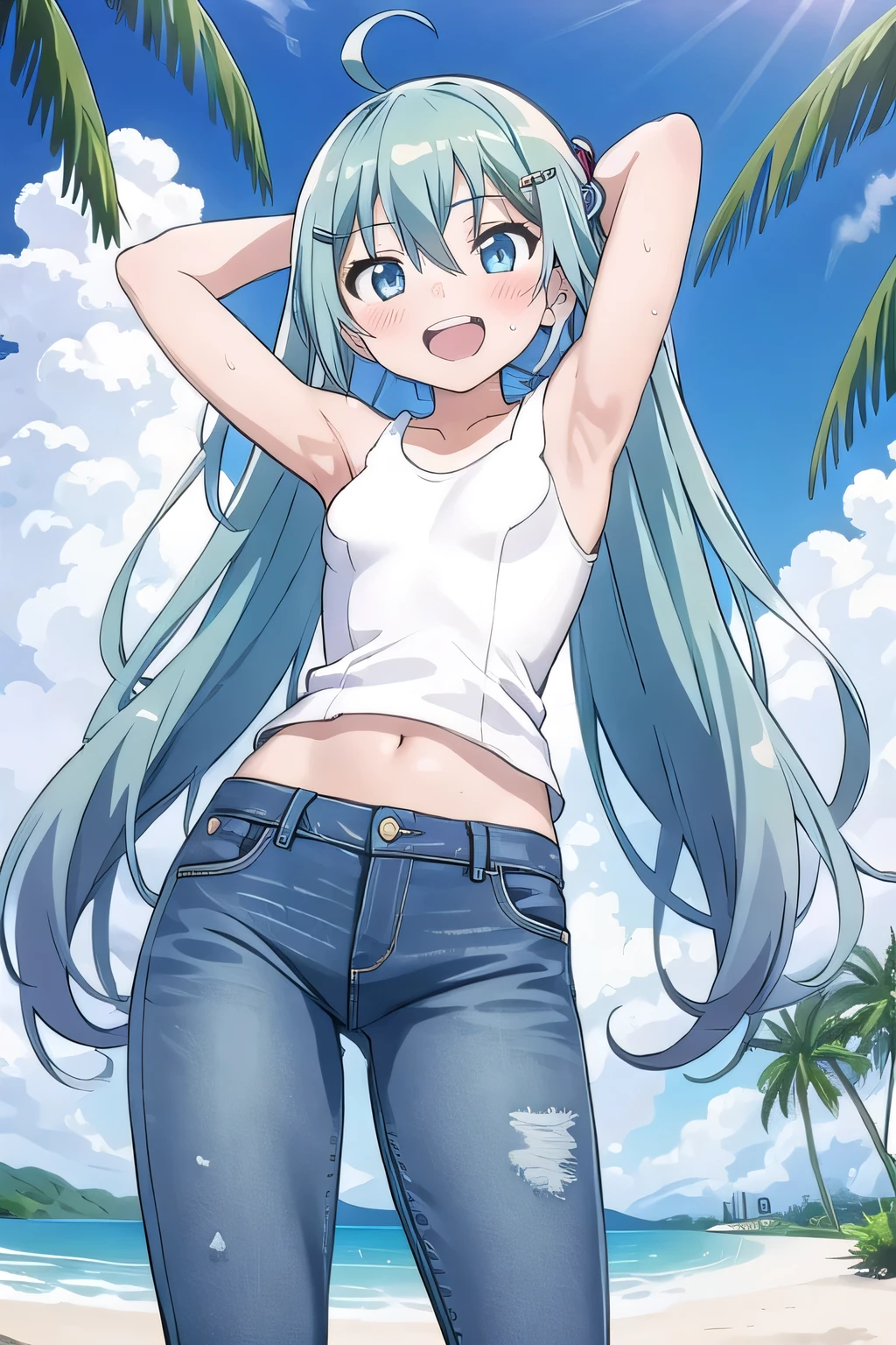 masterpiece,best quality,ultra detail, ((Perfect Face, Perfect Arms, Perfect hands, Perfect Fingers)), 1girl, , peti ((round face, ecstasy, orgasm face, drooping eyes, shame smiling, blush)), dropping eyes, sleepy, Open mouth, ((White teeth)), background((under the beach, (day:1.2), palm tree, bright sky)), miku hatsune, ahoge, aqua eyes, aqua hair, crossed bangs, hair between eyes, hair ornament, (long hair:1.4), ((arms behind head, hands behind head, fingers behind head)), ((contrapposto)), spread armpits, looking at viewer,, (white tank top:1.2), (white crop top:1.2), (jeans pants:1.2, flares jeans:1.2, skinny jeans:1.2, blue jeans:1.2), standing, (legs spread:1.4), sex pose, Sweaty crotch, Steam from the crotch, from below, whole body