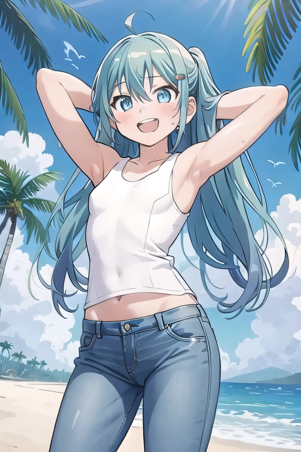 masterpiece,best quality,ultra detail, ((Perfect Face, Perfect Arms, Perfect hands, Perfect Fingers)), 1girl, , peti ((round face, ecstasy, orgasm face, drooping eyes, shame smiling, blush)), dropping eyes, sleepy, Open mouth, ((White teeth)), background((under the beach, (day:1.2), palm tree, bright sky)), miku hatsune, ahoge, aqua eyes, aqua hair, crossed bangs, hair between eyes, hair ornament, (long hair:1.4), ((arms behind head, hands behind head, fingers behind head)), ((contrapposto)), spread armpits, looking at viewer,, (white tank top:1.2), (white crop top:1.2), (jeans pants:1.2, flares jeans:1.2, skinny jeans:1.2, blue jeans:1.2), standing, (legs spread:1.4), sex pose, Sweaty crotch, Steam from the crotch, from below, whole body