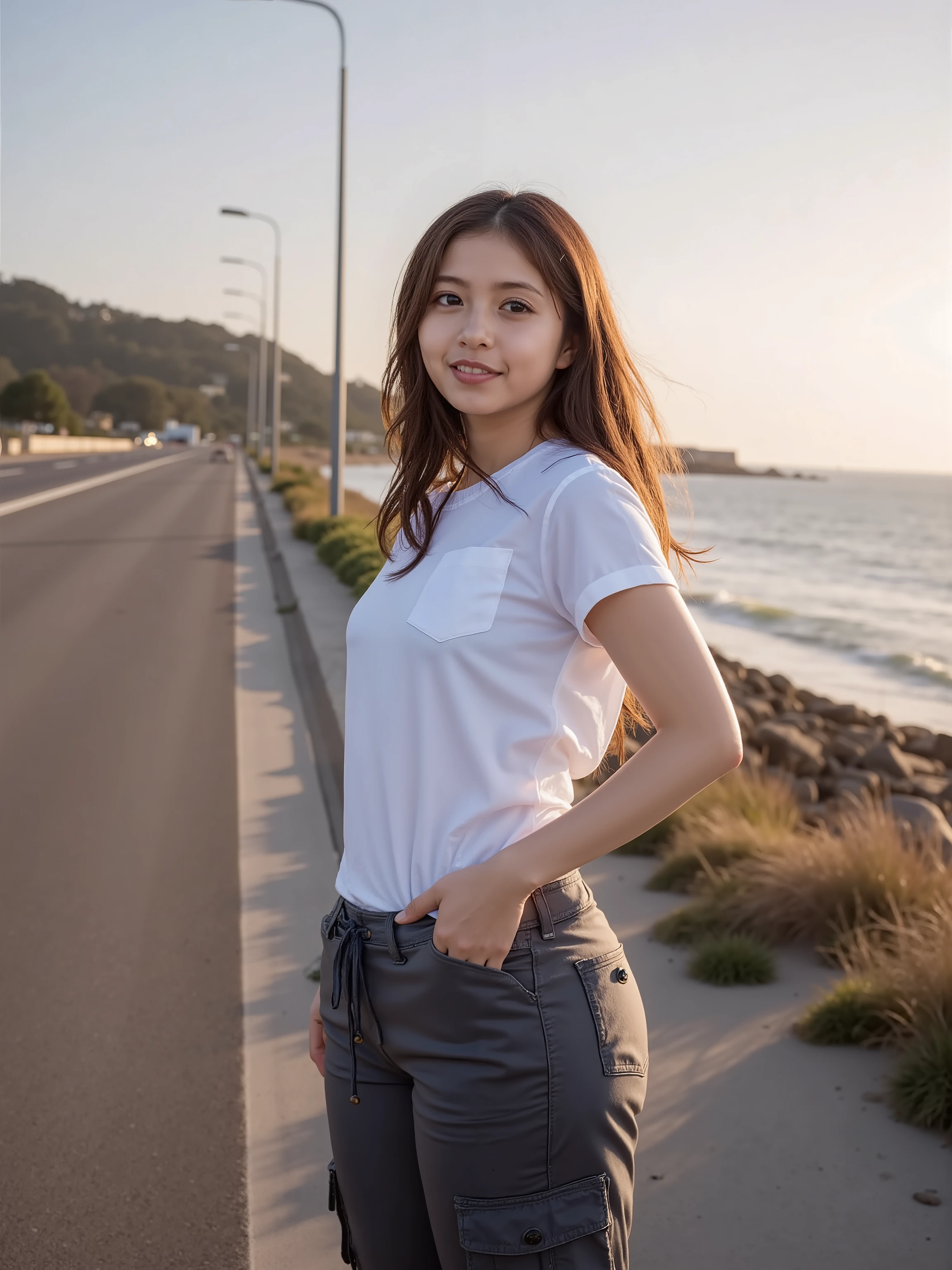 Age 27 、Bans、white t shirt 、 cargo pants with dowels ,Medium milk, cute face、(( brown hair))
( big butt)(( evening))( Seaside Road )(( Cute ass))