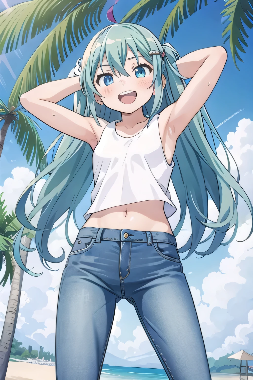masterpiece,best quality,ultra detail, ((Perfect Face, Perfect Arms, Perfect hands, Perfect Fingers)), 1girl, , peti ((round face, ecstasy, orgasm face, drooping eyes, shame smiling, blush)), dropping eyes, sleepy, Open mouth, ((White teeth)), background((under the beach, (day:1.2), palm tree, bright sky)), miku hatsune, ahoge, aqua eyes, aqua hair, crossed bangs, hair between eyes, hair ornament, (long hair:1.4), ((arms behind head, hands behind head, fingers behind head)), ((contrapposto)), spread armpits, looking at viewer,, (white tank top:1.2), (white crop top:1.2), (jeans pants:1.2, flares jeans:1.2, skinny jeans:1.2, blue jeans:1.2), standing, (legs spread:1.4), sex pose, Sweaty crotch, Steam from the crotch, from below, whole body