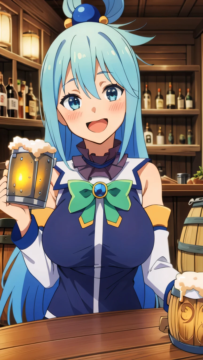 {{{masterpiece}}}, (best quality:1.5), (ultra-detailed:1.5), {illustration}, {{an extremely delicate and beautiful}}, (beautiful detailed eyes:1.6), absurdres, highres, extremely detailed face, 16k, hd, visual anime de uma jovem mulher, extremamente bonito rosto de anime, anime melhor garota, (perfect hands, perfect anatomy), anime face, aqua (konosuba), 1girl, cute face, long hair, blue eyes, hair ornament, very long hair, blue hair, half up, bangs, sidelocks, hair rings, hair bobbles, large breasts, BREAK, blue vest, shirt tuck out, white collar, green bow, bare shoulders, detached sleeves, white sleeves, BREAK, indoors, guild, medieval tavern, table, meat food, smile, open mouth, half-closed eyes, lots of food on table, drink beer, (((beer, bar (place), barrel mug, holding beer mug, one hand holding))), drunk, blush, sleepy, banquet, sitting in chair