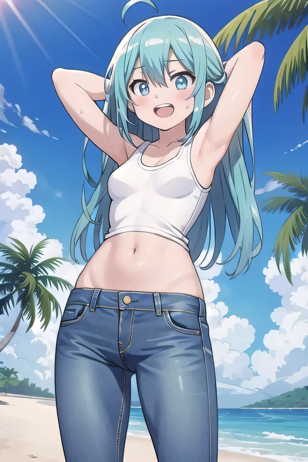 masterpiece,best quality,ultra detail, ((Perfect Face, Perfect Arms, Perfect hands, Perfect Fingers)), 1girl, , peti ((round face, ecstasy, orgasm face, drooping eyes, shame smiling, blush)), dropping eyes, sleepy, Open mouth, ((White teeth)), background((under the beach, (day:1.2), palm tree, bright sky)), miku hatsune, ahoge, aqua eyes, aqua hair, crossed bangs, hair between eyes, hair ornament, (long hair:1.4), ((arms behind head, hands behind head, fingers behind head)), ((contrapposto)), spread armpits, looking at viewer,, (white tank top:1.2), (white crop top:1.2), (jeans pants:1.2, flares jeans:1.2, skinny jeans:1.2, blue jeans:1.2), standing, (legs spread:1.4), sex pose, Sweaty crotch, Steam from the crotch, from below, whole body