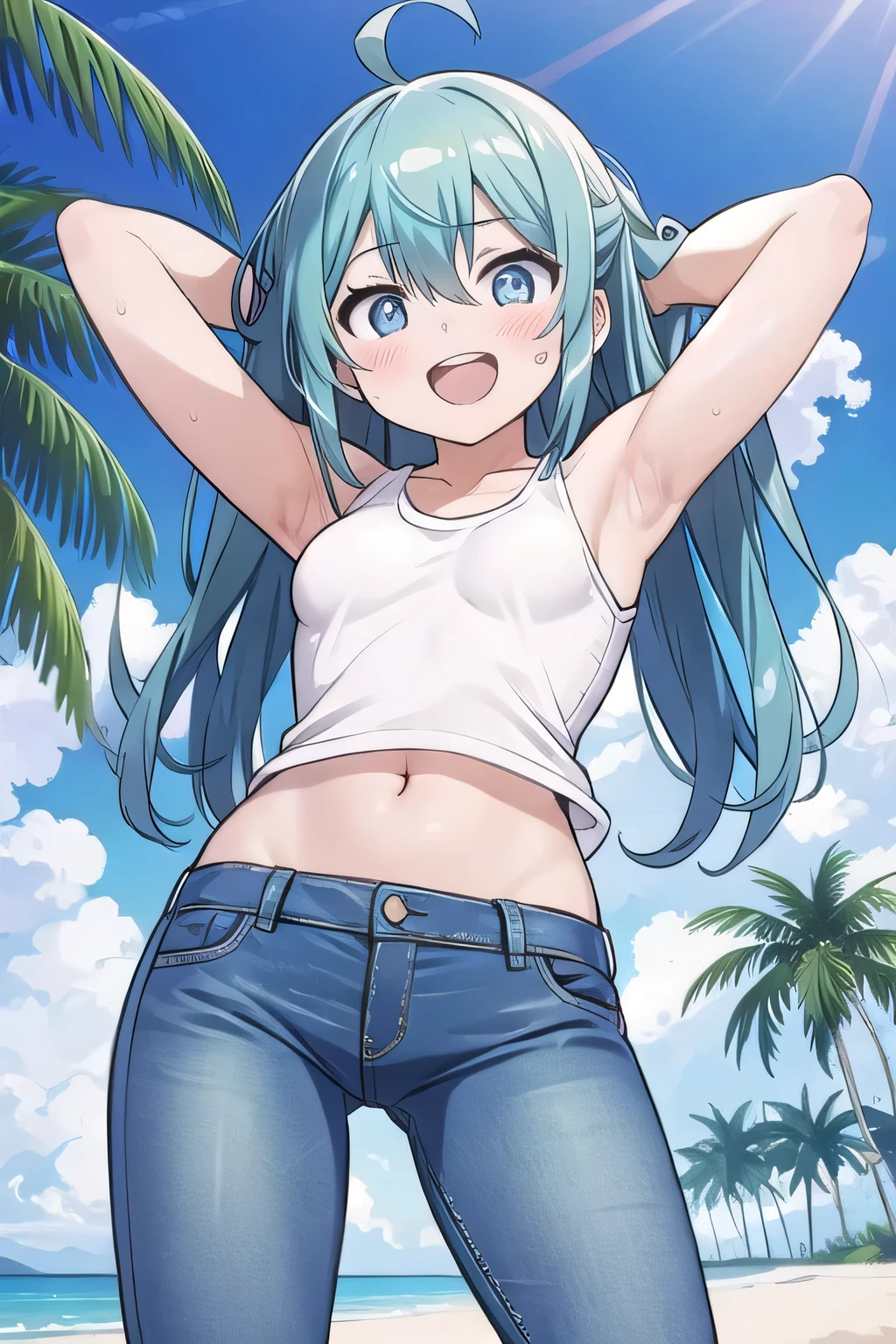 masterpiece,best quality,ultra detail, ((Perfect Face, Perfect Arms, Perfect hands, Perfect Fingers)), 1girl, 14yo, petite, ((round face, , , drooping eyes, shame smiling, blush)), dropping eyes, sleepy, Open mouth, ((White teeth)), background((under the beach, (day:1.2), palm tree, bright sky)), miku hatsune, ahoge, aqua eyes, aqua hair, crossed bangs, hair between eyes, hair ornament, (long hair:1.4), ((arms behind head, hands behind head, fingers behind head)), ((contrapposto)), spread armpits, looking at viewer,, (white tank top:1.2), (white crop top:1.2), (jeans pants:1.2, flares jeans:1.2, skinny jeans:1.2, blue jeans:1.2), standing, (legs spread:1.4), pose, Sweaty , Steam from the , from below, whole body