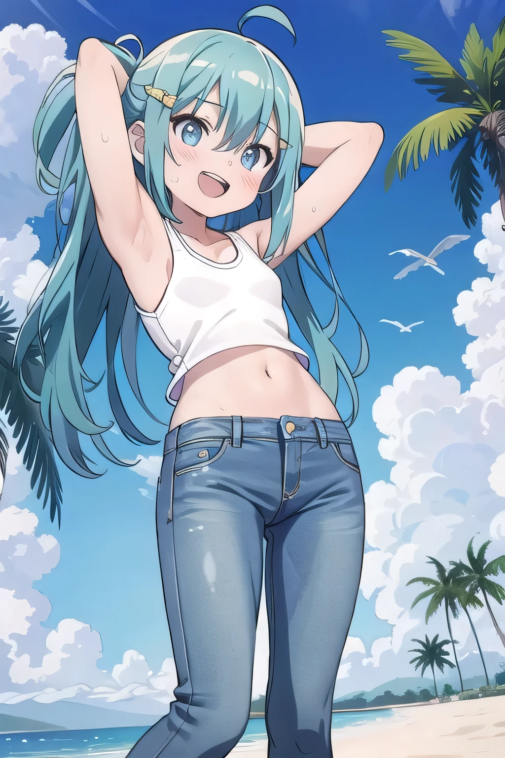 masterpiece,best quality,ultra detail, ((Perfect Face, Perfect Arms, Perfect hands, Perfect Fingers)), 1girl, , peti ((round face, ecstasy, orgasm face, drooping eyes, shame smiling, blush)), dropping eyes, sleepy, Open mouth, ((White teeth)), background((under the beach, (day:1.2), palm tree, bright sky)), miku hatsune, ahoge, aqua eyes, aqua hair, crossed bangs, hair between eyes, hair ornament, (long hair:1.4), ((arms behind head, hands behind head, fingers behind head)), ((contrapposto)), spread armpits, looking at viewer,, (white tank top:1.2), (white crop top:1.2), (jeans pants:1.2, flares jeans:1.2, skinny jeans:1.2, blue jeans:1.2), standing, (legs spread:1.4), sex pose, Sweaty crotch, Steam from the crotch, from below, whole body