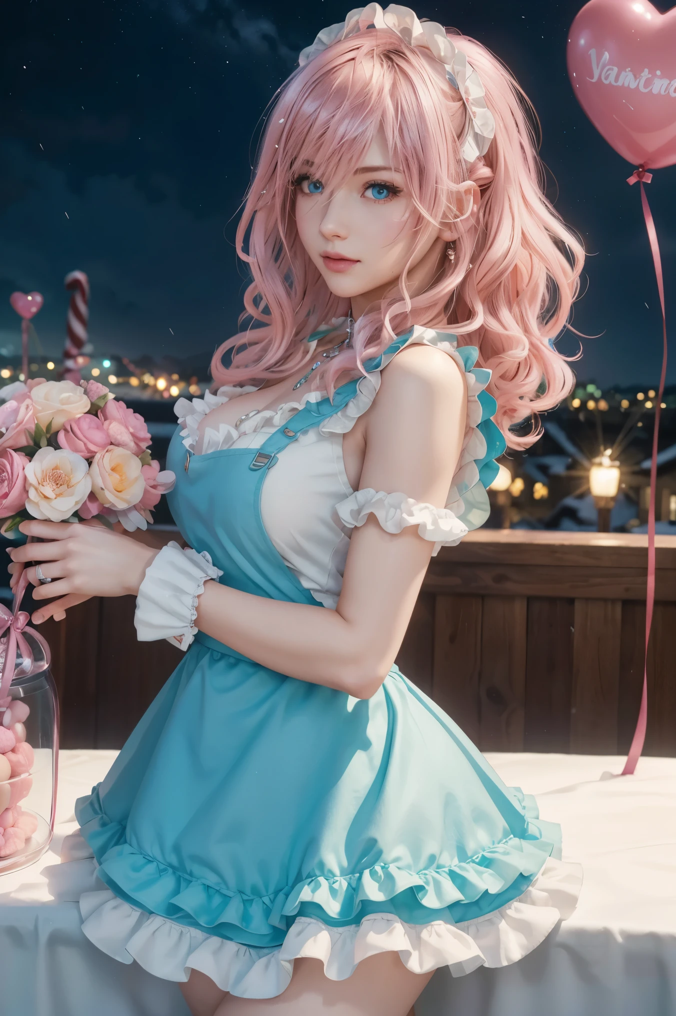 lightning , Final Fantasy,Pink Blonde, MEDIUM HAIR , light perm hair ,Curly hair on one side , lower the bangs, beautiful blue eyes, beautiful and high nose , Super High Definition, Super Quality , Masterpiece,dslr, photorealistic, Detailed Details,Vivid details, Detailed , detailed face, Detailed Details,Super detail , realistic skin texture, colorful candy room , perfect anatomy, Anatomically Correct Hand , Anatomically Correct Fingers, ultra-high resolution energy A , sexy pose,candy white ruffle shirt , pink apron , maid outfit, fantasy candy country , Valentine's Day, Valentine's Day , luxurious candy house , final fantasy ,豪華な Valentine's Day, heart-marked balloons , colorful chocolate , Colorful Macaroons, valentine's gift box, Mysterious Snowy Scenery , fantastic night view ,Fantastic night sky,It's snowing,Picturesque, the whole body,9 heads, pink lips, beautiful curly hair , Luxury Necklaces, highlight a beautiful whole body , high leg thong , smiles,Beautiful neon ,Rain of Hearts,