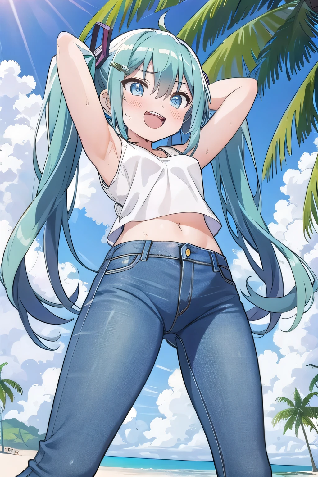 masterpiece,best quality,ultra detail, ((Perfect Face, Perfect Arms, Perfect hands, Perfect Fingers)), 1girl, , peti ((round face, ecstasy, orgasm face, drooping eyes, shame smiling, blush)), dropping eyes, sleepy, Open mouth, ((White teeth)), background((under the beach, (day:1.2), palm tree, bright sky)), miku hatsune, ahoge, aqua eyes, aqua hair, crossed bangs, hair between eyes, hair ornament, (long hair:1.4), ((arms behind head, hands behind head, fingers behind head)), ((contrapposto)), spread armpits, looking at viewer,, (white tank top:1.2), (white crop top:1.2), (jeans pants:1.2, flares jeans:1.2, skinny jeans:1.2, blue jeans:1.2), standing, (legs spread:1.4), sex pose, Sweaty crotch, Steam from the crotch, from below, whole body