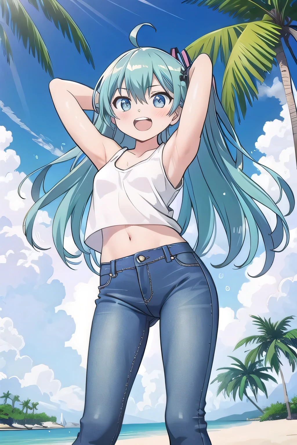 masterpiece,best quality,ultra detail, ((Perfect Face, Perfect Arms, Perfect hands, Perfect Fingers)), 1girl, , peti ((round face, ecstasy, orgasm face, drooping eyes, shame smiling, blush)), dropping eyes, sleepy, Open mouth, ((White teeth)), background((under the beach, (day:1.2), palm tree, bright sky)), miku hatsune, ahoge, aqua eyes, aqua hair, crossed bangs, hair between eyes, hair ornament, (long hair:1.4), ((arms behind head, hands behind head, fingers behind head)), ((contrapposto)), spread armpits, looking at viewer,, (white tank top:1.2), (white crop top:1.2), (jeans pants:1.2, flares jeans:1.2, skinny jeans:1.2, blue jeans:1.2), standing, (legs spread:1.4), sex pose, Sweaty crotch, Steam from the crotch, from below, whole body
