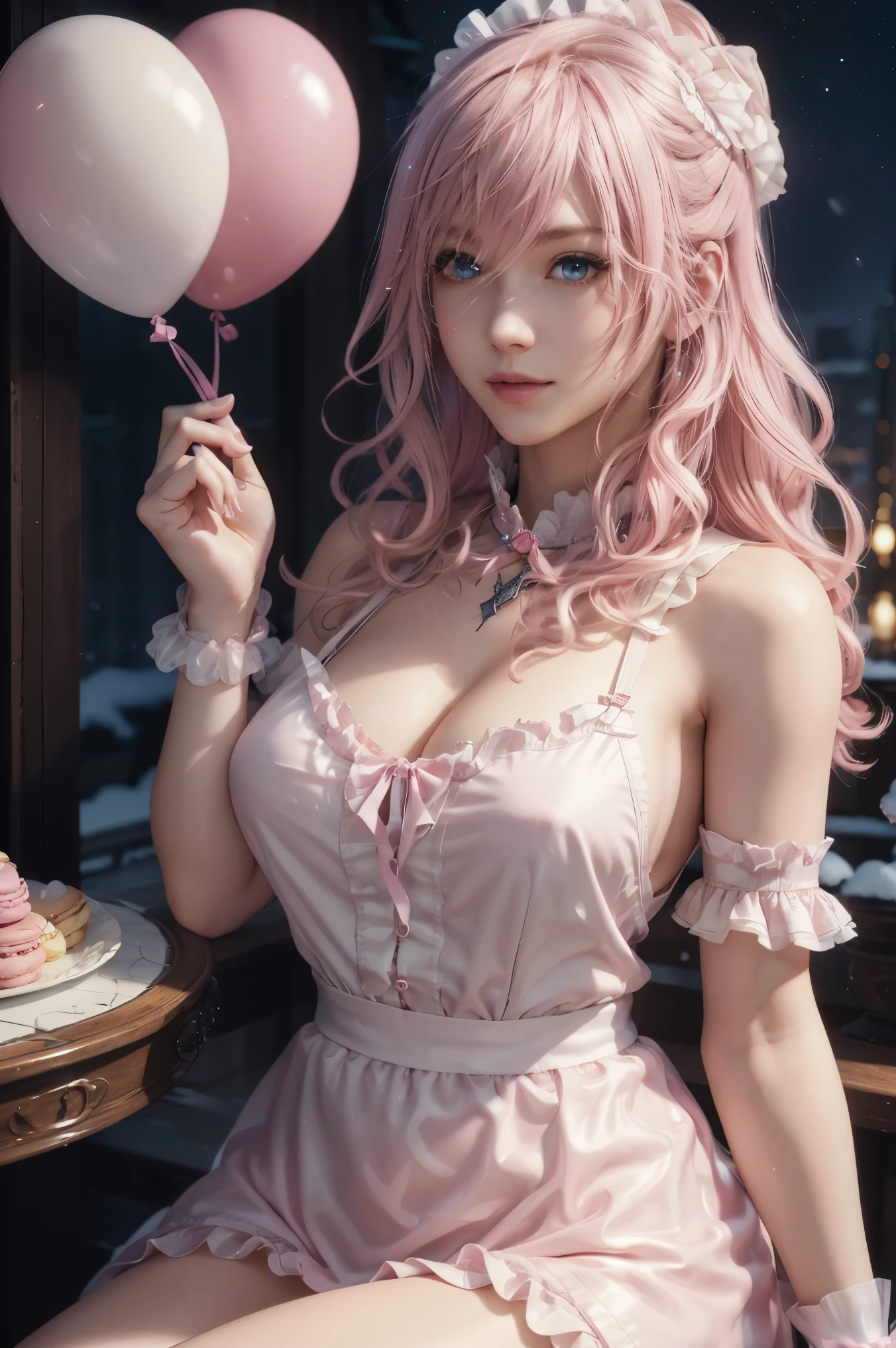 lightning , Final Fantasy,Pink Blonde, MEDIUM HAIR , light perm hair ,Curly hair on one side , lower the bangs, beautiful blue eyes, beautiful and high nose , Super High Definition, Super Quality , Masterpiece,dslr, photorealistic, Detailed Details,Vivid details, Detailed , detailed face, Detailed Details,Super detail , realistic skin texture, colorful candy room , perfect anatomy, Anatomically Correct Hand , Anatomically Correct Fingers, ultra-high resolution energy A , sexy pose,candy white ruffle shirt , pink apron , maid outfit, fantasy candy country , Valentine's Day, Valentine's Day , luxurious candy house , final fantasy ,豪華な Valentine's Day, heart-marked balloons , colorful chocolate , Colorful Macaroons, valentine's gift box, Mysterious Snowy Scenery , fantastic night view ,Fantastic night sky,It's snowing,Picturesque, the whole body,9 heads, pink lips, beautiful curly hair , Luxury Necklaces, highlight a beautiful whole body , high leg thong , smiles,Beautiful neon ,Rain of Hearts,
