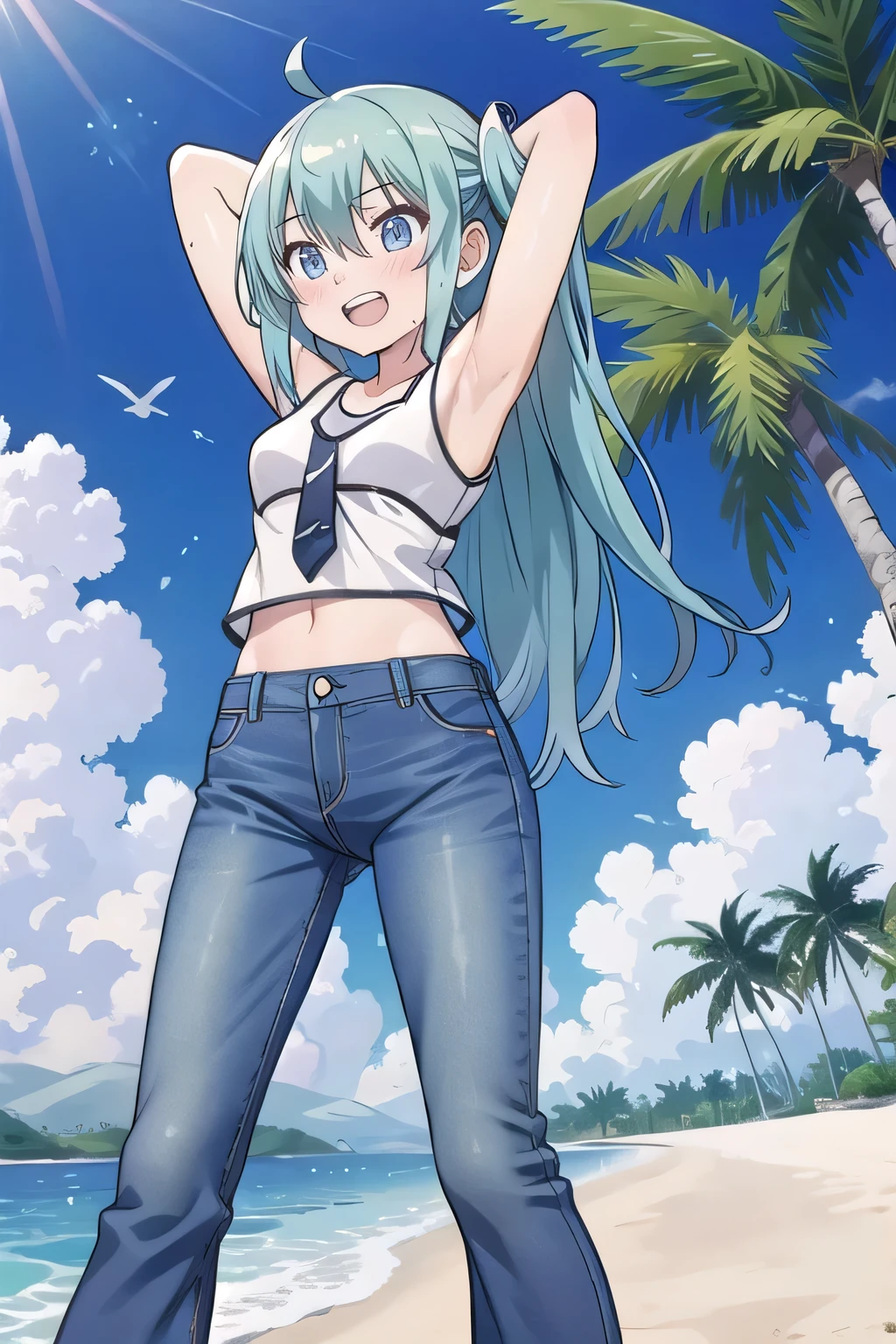 masterpiece,best quality,ultra detail, ((Perfect Face, Perfect Arms, Perfect hands, Perfect Fingers)), 1girl, , peti ((round face, ecstasy, orgasm face, drooping eyes, shame smiling, blush)), dropping eyes, sleepy, Open mouth, ((White teeth)), background((under the beach, (day:1.2), palm tree, bright sky)), miku hatsune, ahoge, aqua eyes, aqua hair, crossed bangs, hair between eyes, hair ornament, (long hair:1.4), ((arms behind head, hands behind head, fingers behind head)), ((contrapposto)), spread armpits, looking at viewer,, (white tank top:1.2), (white crop top:1.2), (jeans pants:1.2, flares jeans:1.2, skinny jeans:1.2, blue jeans:1.2), standing, (legs spread:1.4), sex pose, Sweaty crotch, Steam from the crotch, from below, whole body