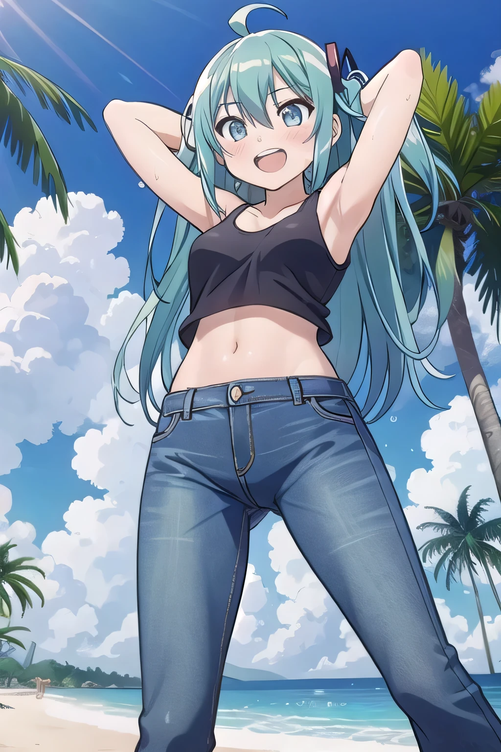 masterpiece,best quality,ultra detail, ((Perfect Face, Perfect Arms, Perfect hands, Perfect Fingers)), 1girl, , peti ((round face, ecstasy, orgasm face, drooping eyes, shame smiling, blush)), dropping eyes, sleepy, Open mouth, ((White teeth)), background((under the beach, (day:1.2), palm tree, bright sky)), miku hatsune, ahoge, aqua eyes, aqua hair, crossed bangs, hair between eyes, hair ornament, (long hair:1.4), ((arms behind head, hands behind head, fingers behind head)), ((contrapposto)), spread armpits, looking at viewer,, (white tank top:1.2), (white crop top:1.2), (jeans pants:1.2, flares jeans:1.2, skinny jeans:1.2, blue jeans:1.2), standing, (legs spread:1.4), sex pose, Sweaty crotch, Steam from the crotch, from below, whole body