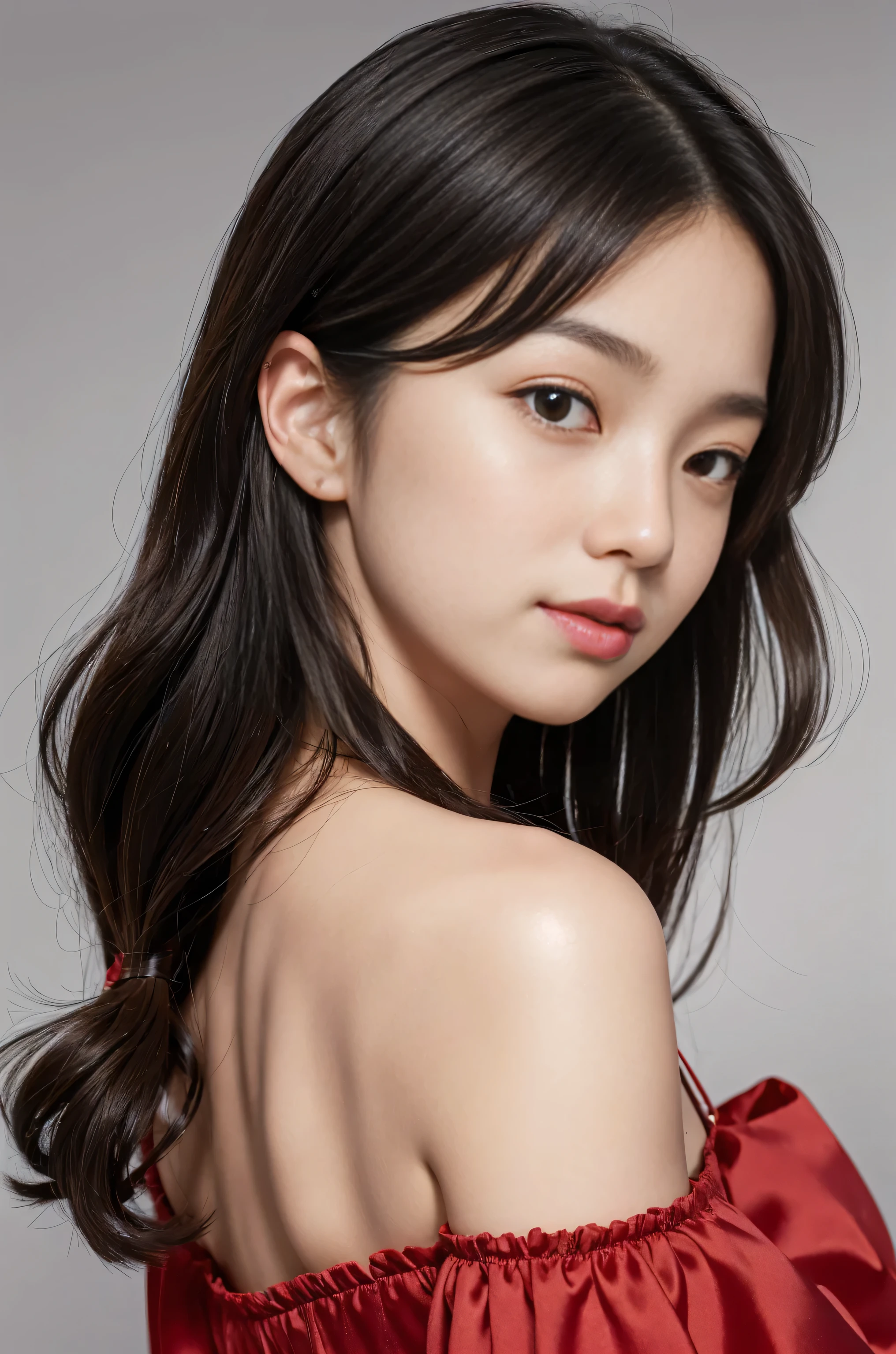 ( High Definition CG Unity 8K Wallpaper,  top quality,  highly detailed ,  camera:1.2,  light shines on her face:1.5,  grey background,  professional lighting), 26 year old Japanese woman.  Her straight black hair is long enough to hang over her shoulders .、Wraps around her face 、 It's a clean style with no extra curls 。.[3]  Her thin eyebrows complement her gentle brown eyes .  She has a small nose 、 slightly plump lips .  look back、 I'm wearing a Santa Claus costume 