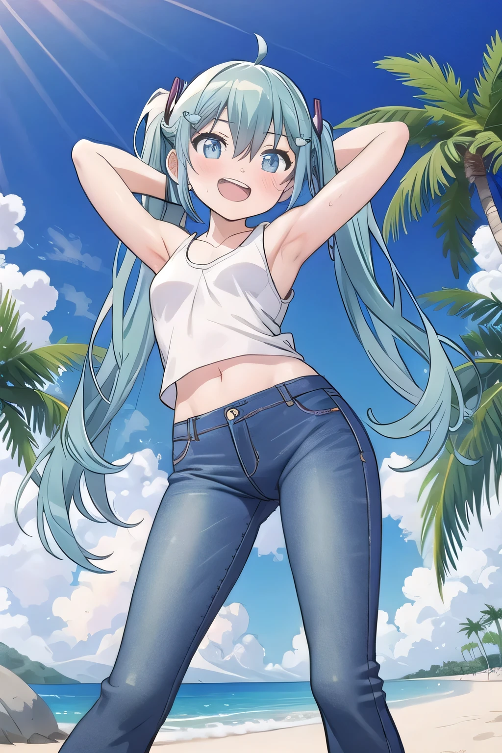 masterpiece,best quality,ultra detail, ((Perfect Face, Perfect Arms, Perfect hands, Perfect Fingers)), 1girl, , peti ((round face, ecstasy, orgasm face, drooping eyes, shame smiling, blush)), dropping eyes, sleepy, Open mouth, ((White teeth)), background((under the beach, (day:1.2), palm tree, bright sky)), miku hatsune, ahoge, aqua eyes, aqua hair, crossed bangs, hair between eyes, hair ornament, (long hair:1.4), ((arms behind head, hands behind head, fingers behind head)), ((contrapposto)), spread armpits, looking at viewer,, (white tank top:1.2), (white crop top:1.2), (jeans pants:1.2, flares jeans:1.2, skinny jeans:1.2, blue jeans:1.2), standing, (legs spread:1.4), sex pose, Sweaty crotch, Steam from the crotch, from below, whole body