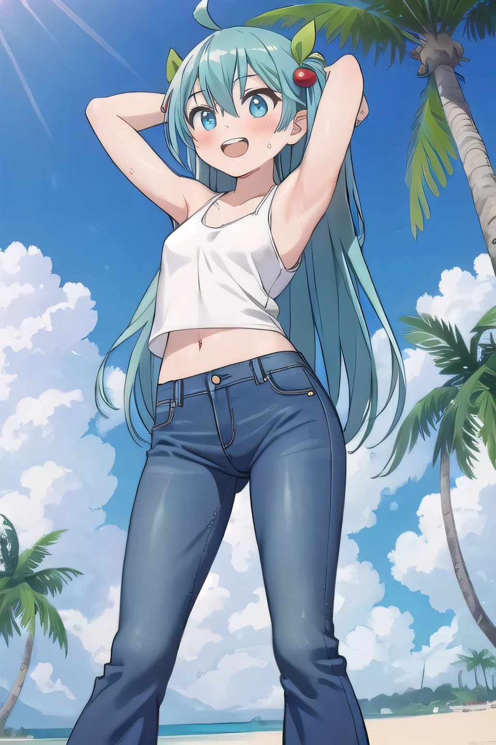 masterpiece,best quality,ultra detail, ((Perfect Face, Perfect Arms, Perfect hands, Perfect Fingers)), 1girl, 14yo, petite, ((round face, ecstasy, orgasm face, drooping eyes, shame smiling, blush)), dropping eyes, sleepy, Open mouth, ((White teeth)), background((under the beach, (day:1.2), palm tree, bright sky)), miku hatsune, ahoge, aqua eyes, aqua hair, crossed bangs, hair between eyes, hair ornament, (long hair:1.4), ((arms behind head, hands behind head, fingers behind head)), ((contrapposto)), spread armpits, looking at viewer,, (white tank top:1.2), (white crop top:1.2), (jeans pants:1.2, flares jeans:1.2, skinny jeans:1.2, blue jeans:1.2), standing, (legs spread:1.4), sex pose, Sweaty crotch, Steam from the crotch, from below, whole body