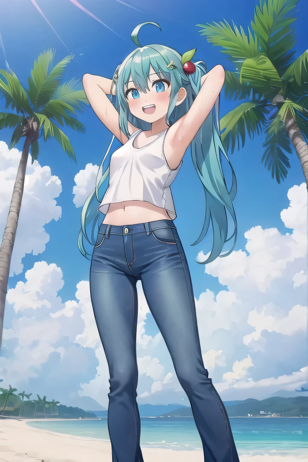 masterpiece,best quality,ultra detail, ((Perfect Face, Perfect Arms, Perfect hands, Perfect Fingers)), 1girl, 14yo, petite, ((round face, ecstasy, orgasm face, drooping eyes, shame smiling, blush)), dropping eyes, sleepy, Open mouth, ((White teeth)), background((under the beach, (day:1.2), palm tree, bright sky)), miku hatsune, ahoge, aqua eyes, aqua hair, crossed bangs, hair between eyes, hair ornament, (long hair:1.4), ((arms behind head, hands behind head, fingers behind head)), ((contrapposto)), spread armpits, looking at viewer,, (white tank top:1.2), (white crop top:1.2), (jeans pants:1.2, flares jeans:1.2, skinny jeans:1.2, blue jeans:1.2), standing, (legs spread:1.4), sex pose, Sweaty crotch, Steam from the crotch, from below, whole body
