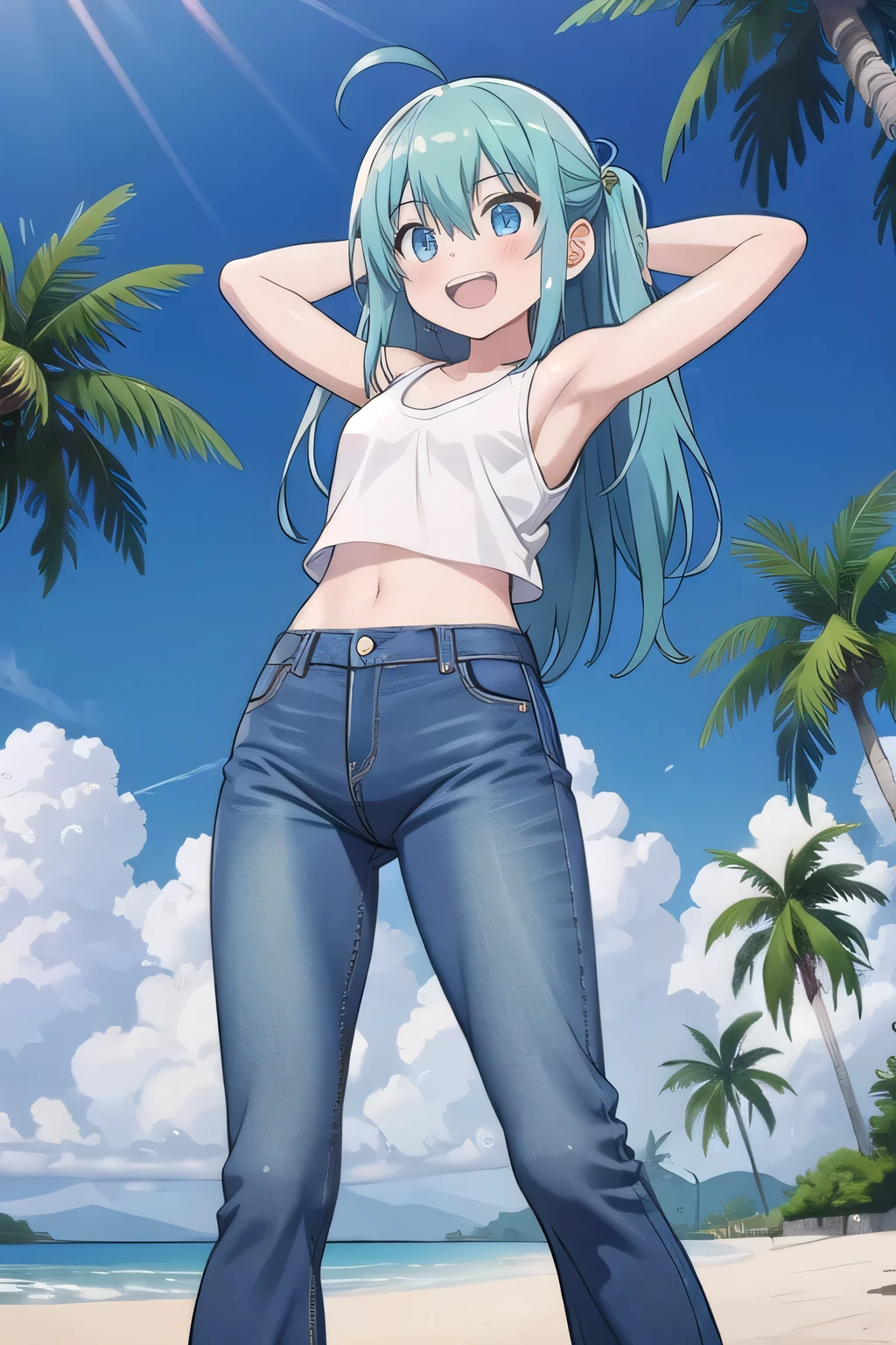 masterpiece,best quality,ultra detail, ((Perfect Face, Perfect Arms, Perfect hands, Perfect Fingers)), 1girl, , peti ((round face, ecstasy, orgasm face, drooping eyes, shame smiling, blush)), dropping eyes, sleepy, Open mouth, ((White teeth)), background((under the beach, (day:1.2), palm tree, bright sky)), miku hatsune, ahoge, aqua eyes, aqua hair, crossed bangs, hair between eyes, hair ornament, (long hair:1.4), ((arms behind head, hands behind head, fingers behind head)), ((contrapposto)), spread armpits, looking at viewer,, (white tank top:1.2), (white crop top:1.2), (jeans pants:1.2, flares jeans:1.2, skinny jeans:1.2, blue jeans:1.2), standing, (legs spread:1.4), sex pose, Sweaty crotch, Steam from the crotch, from below, whole body