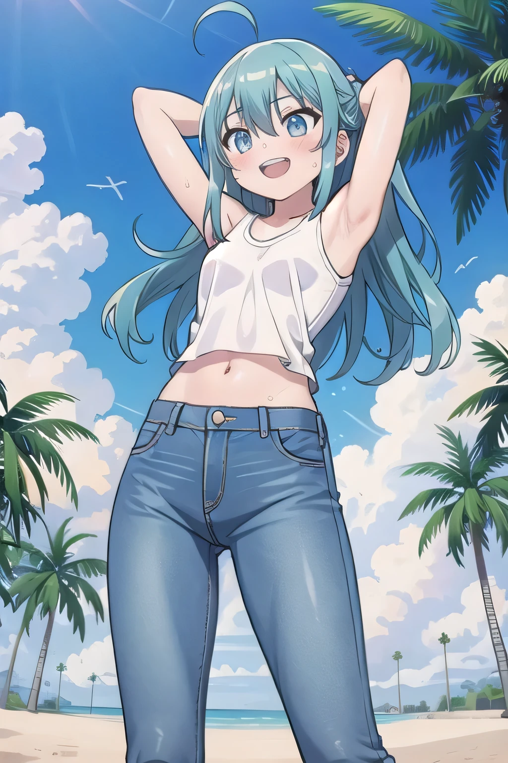 masterpiece,best quality,ultra detail, ((Perfect Face, Perfect Arms, Perfect hands, Perfect Fingers)), 1girl, , peti ((round face, ecstasy, orgasm face, drooping eyes, shame smiling, blush)), dropping eyes, sleepy, Open mouth, ((White teeth)), background((under the beach, (day:1.2), palm tree, bright sky)), miku hatsune, ahoge, aqua eyes, aqua hair, crossed bangs, hair between eyes, hair ornament, (long hair:1.4), ((arms behind head, hands behind head, fingers behind head)), ((contrapposto)), spread armpits, looking at viewer,, (white tank top:1.2), (white crop top:1.2), (jeans pants:1.2, flares jeans:1.2, skinny jeans:1.2, blue jeans:1.2), standing, (legs spread:1.4), sex pose, Sweaty crotch, Steam from the crotch, from below, whole body
